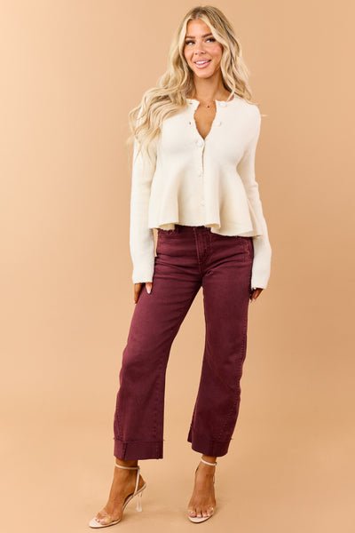 Cream Button Down Peplum Sweater Cardigan