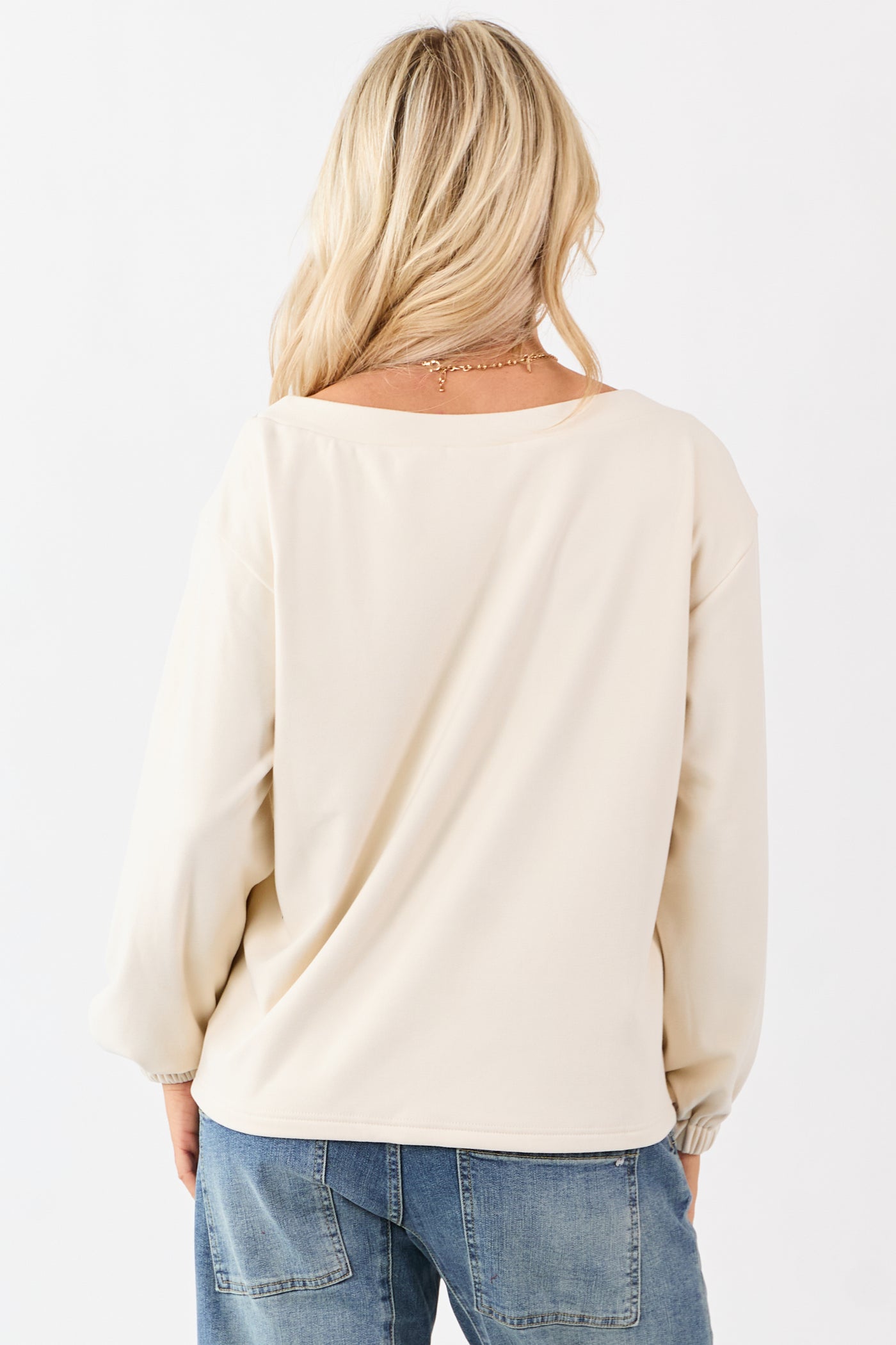 Cream Buttoned Side Long Sleeve Soft Knit Top