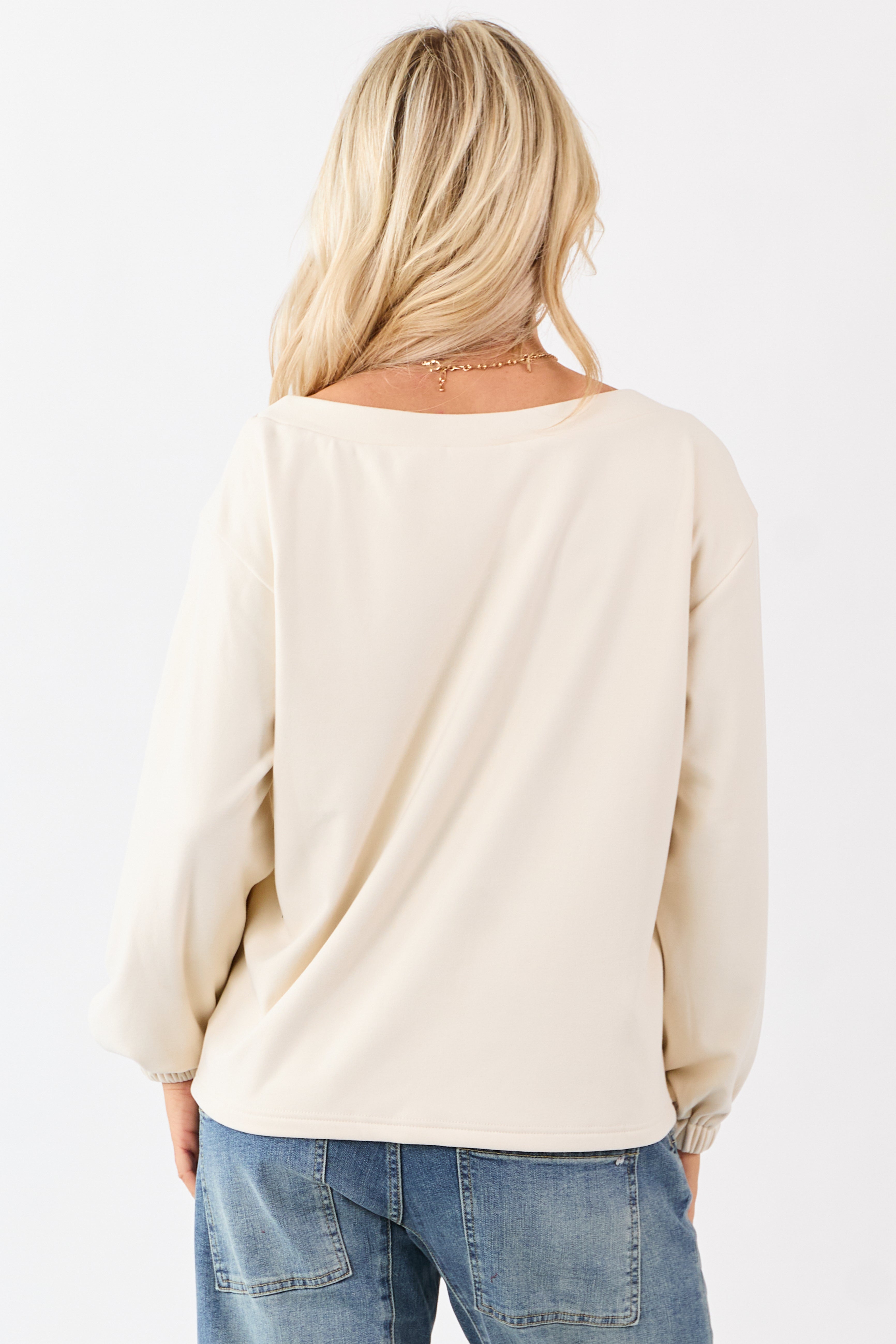 Cream Buttoned Side Long Sleeve Soft Knit Top