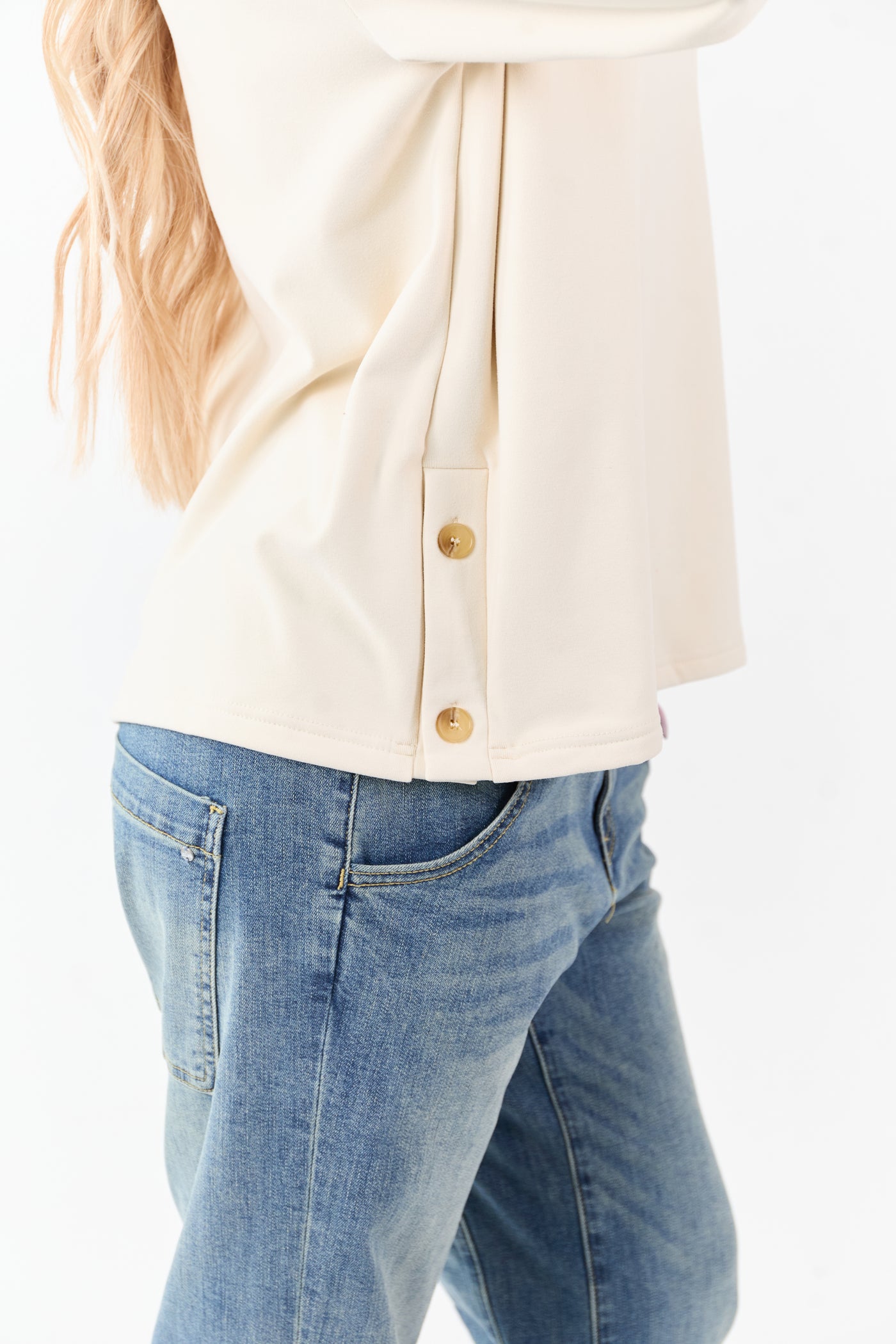 Cream Buttoned Side Long Sleeve Soft Knit Top