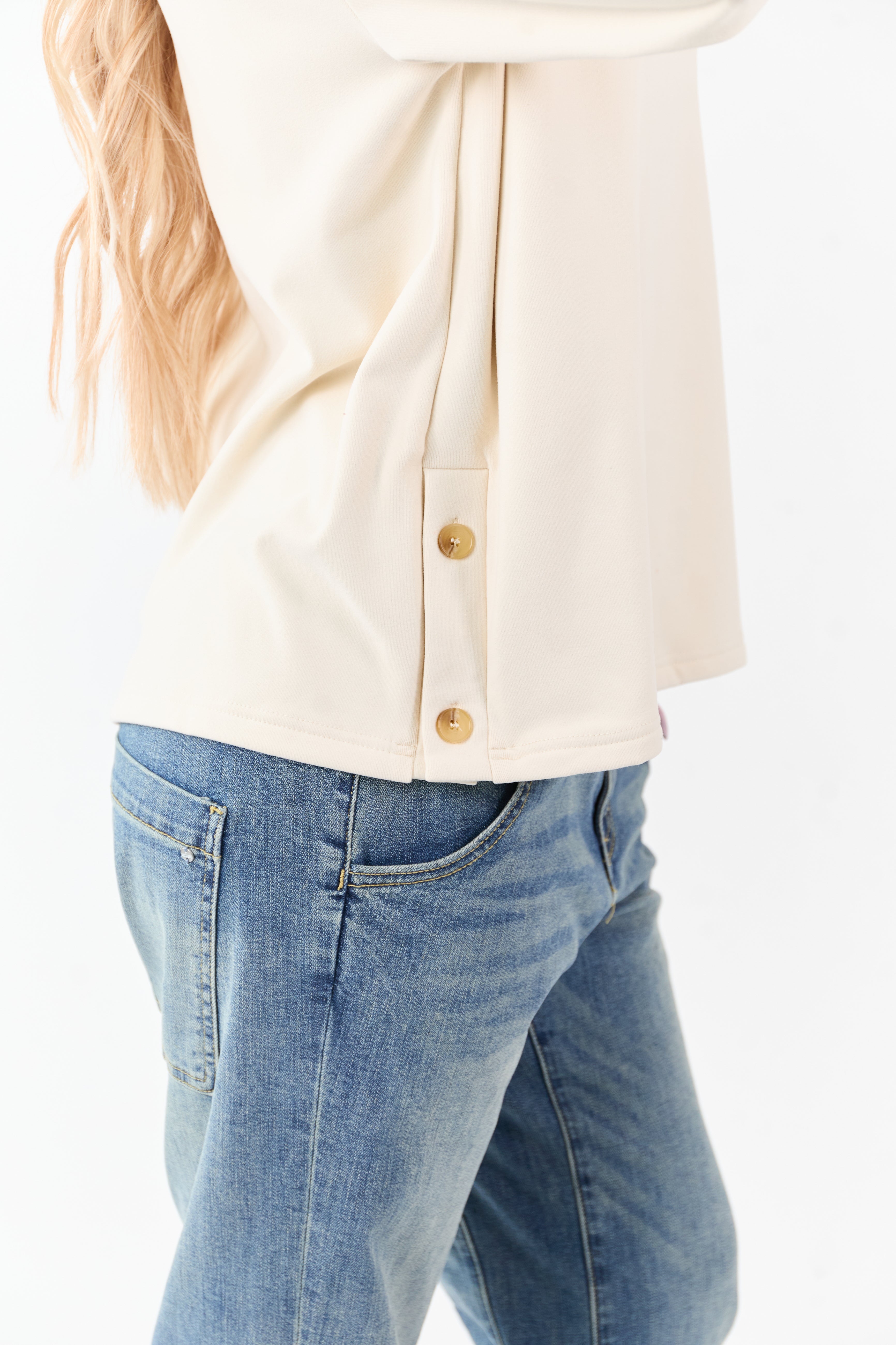 Cream Buttoned Side Long Sleeve Soft Knit Top