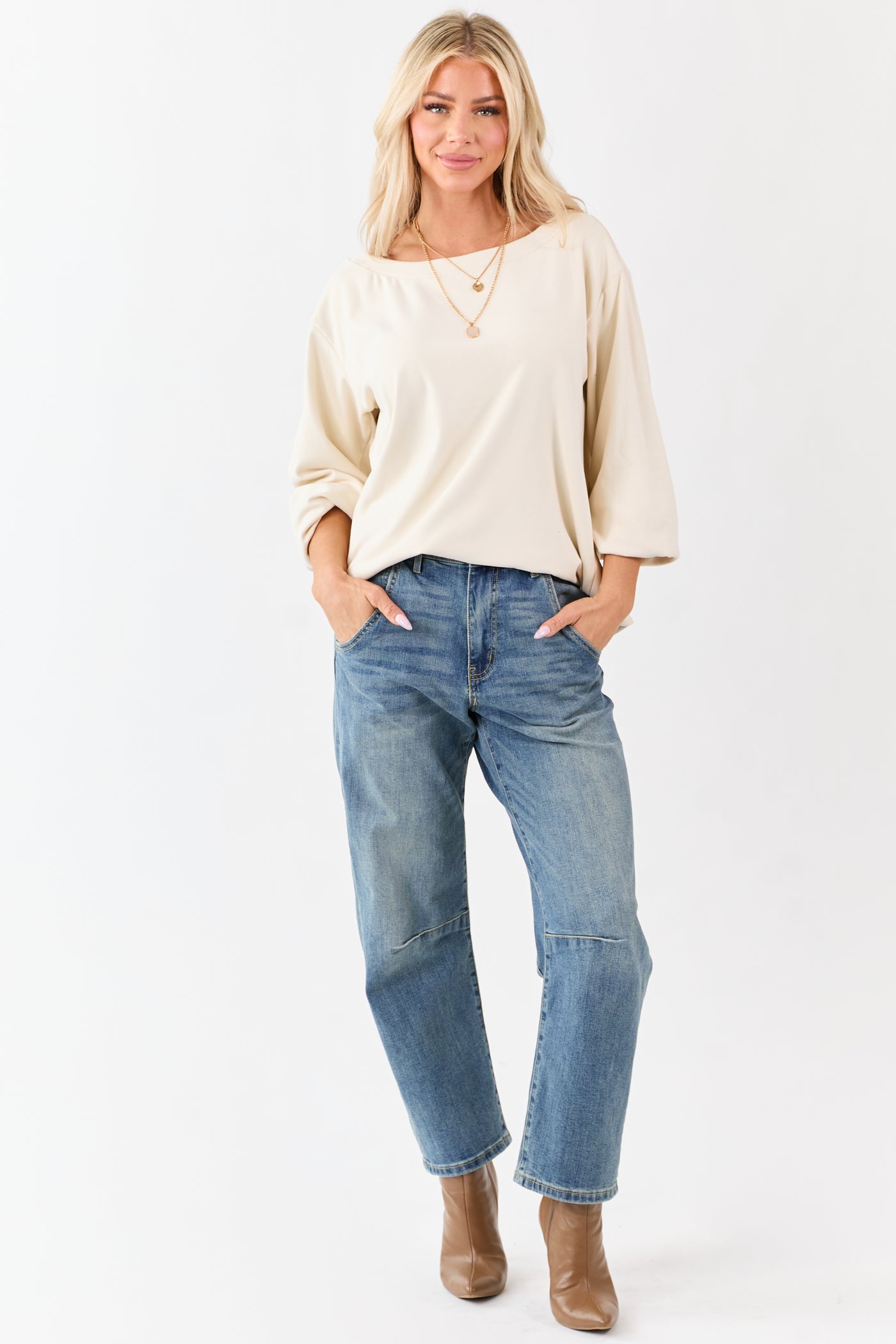 Cream Buttoned Side Long Sleeve Soft Knit Top