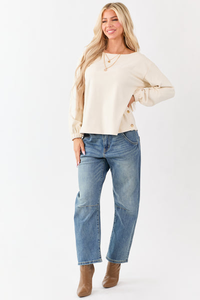 Cream Buttoned Side Long Sleeve Soft Knit Top