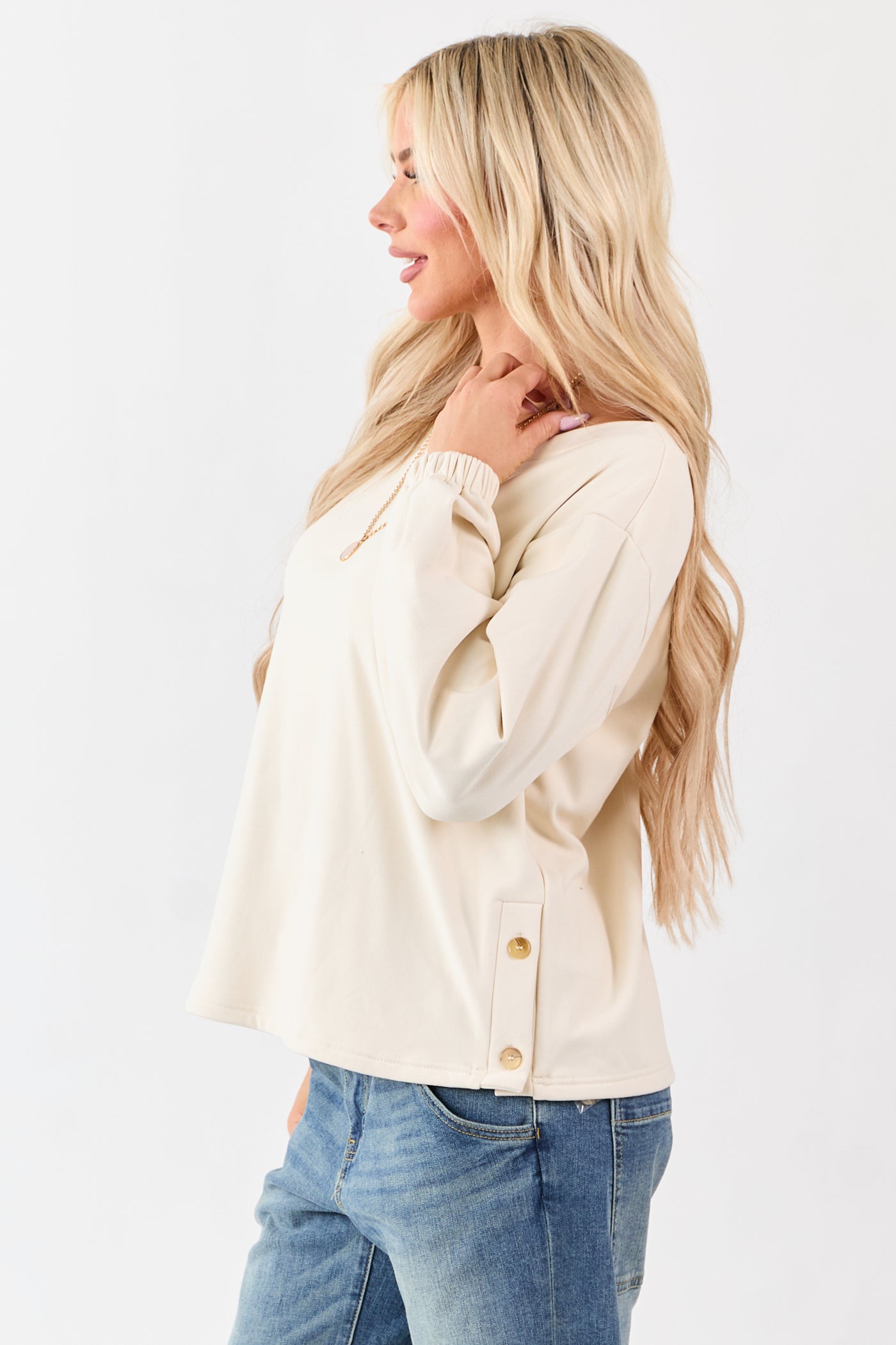Cream Buttoned Side Long Sleeve Soft Knit Top