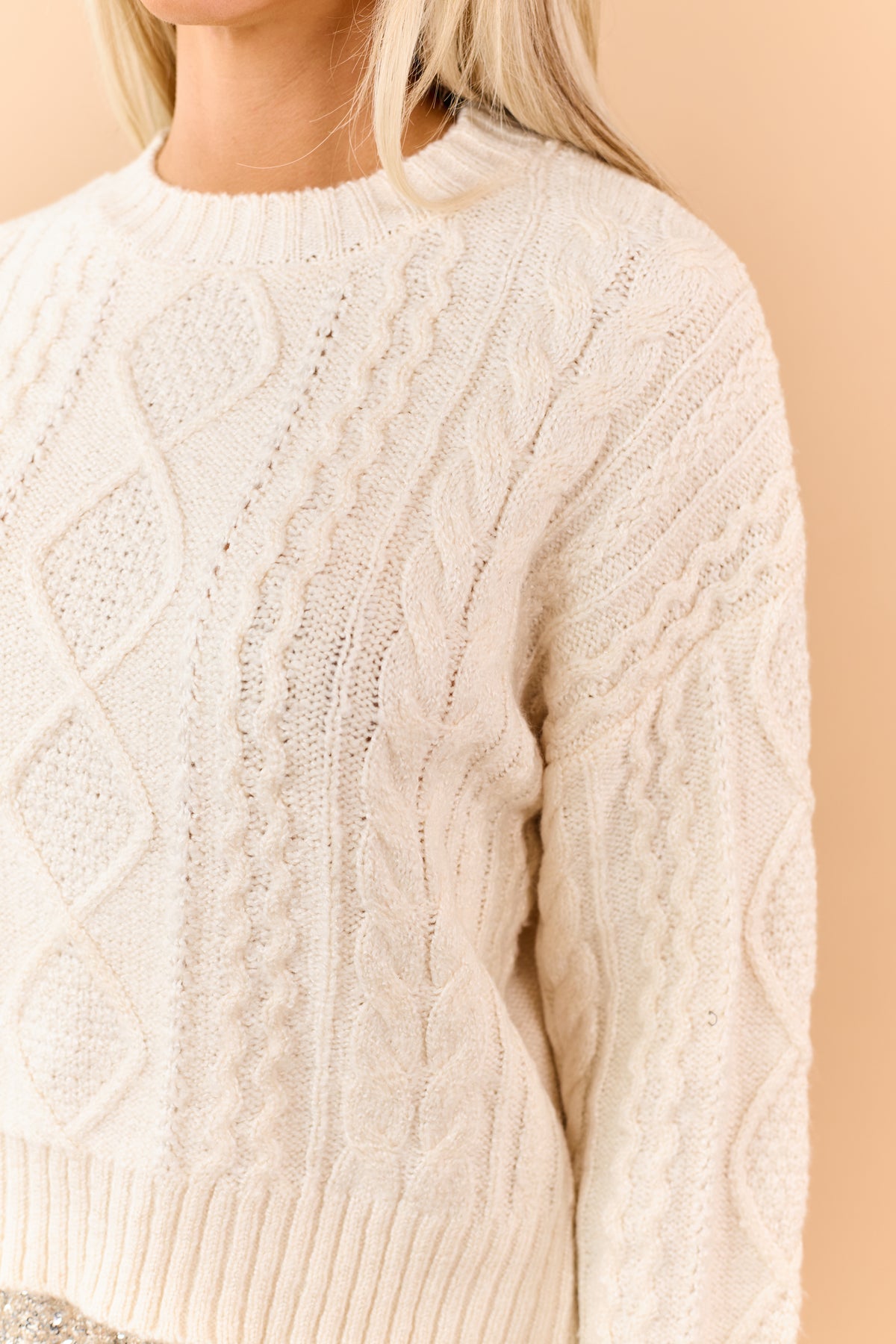 Cream Cable Knit Crew Neck Relaxed Sweater