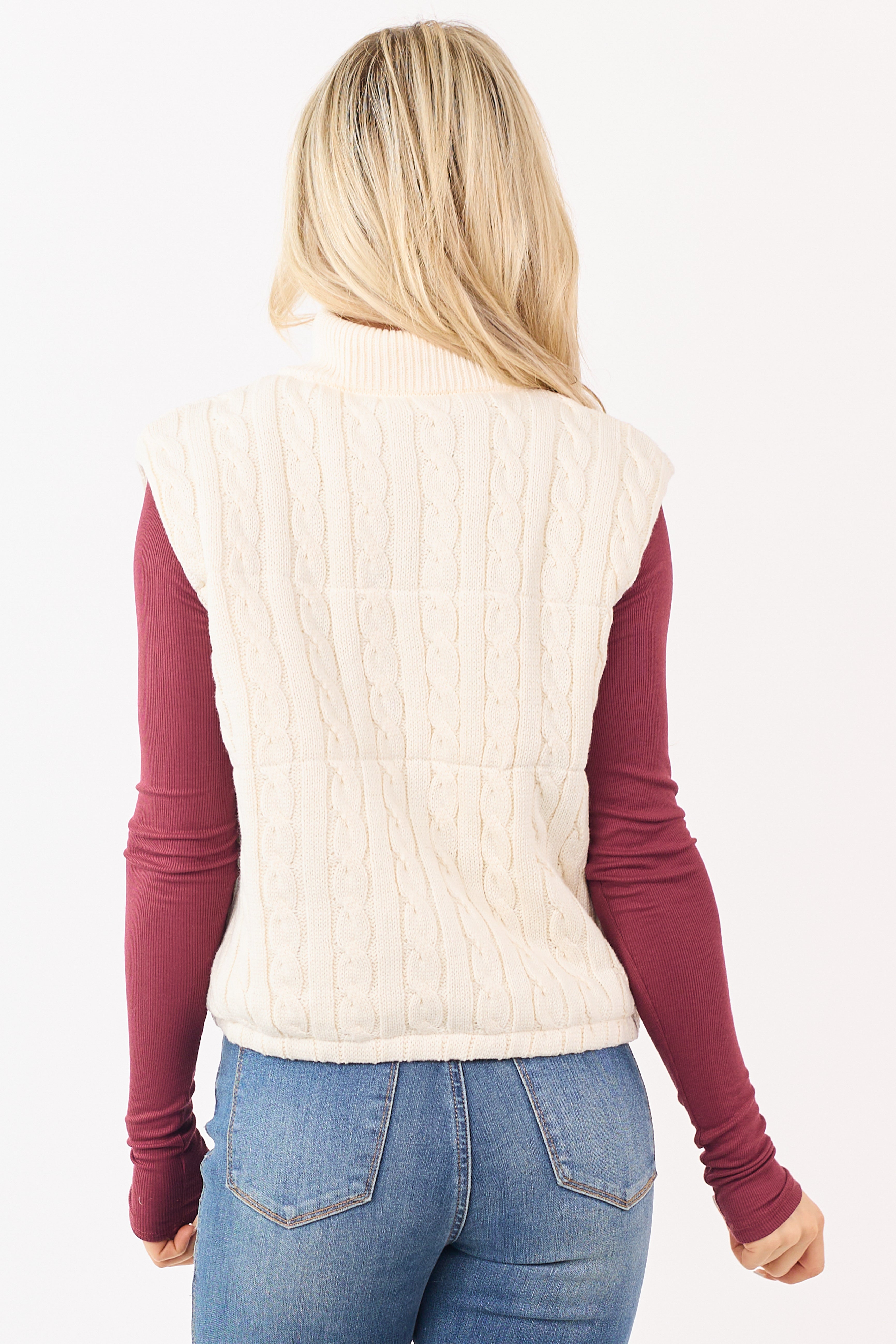 Cream Cable Knit Mock Neck Zip Up Puffer Vest