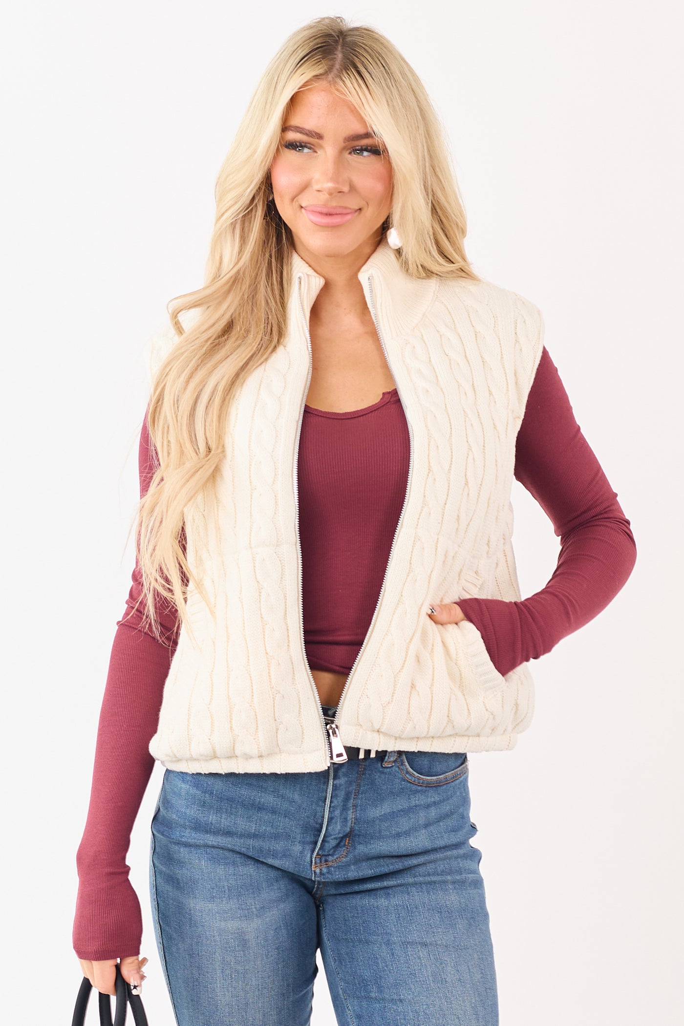 Cream Cable Knit Mock Neck Zip Up Puffer Vest