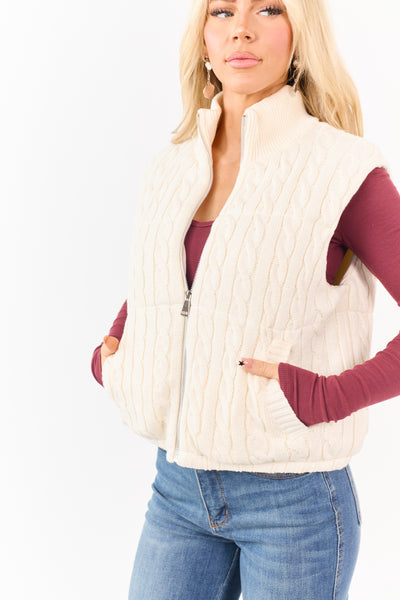 Cream Cable Knit Mock Neck Zip Up Puffer Vest