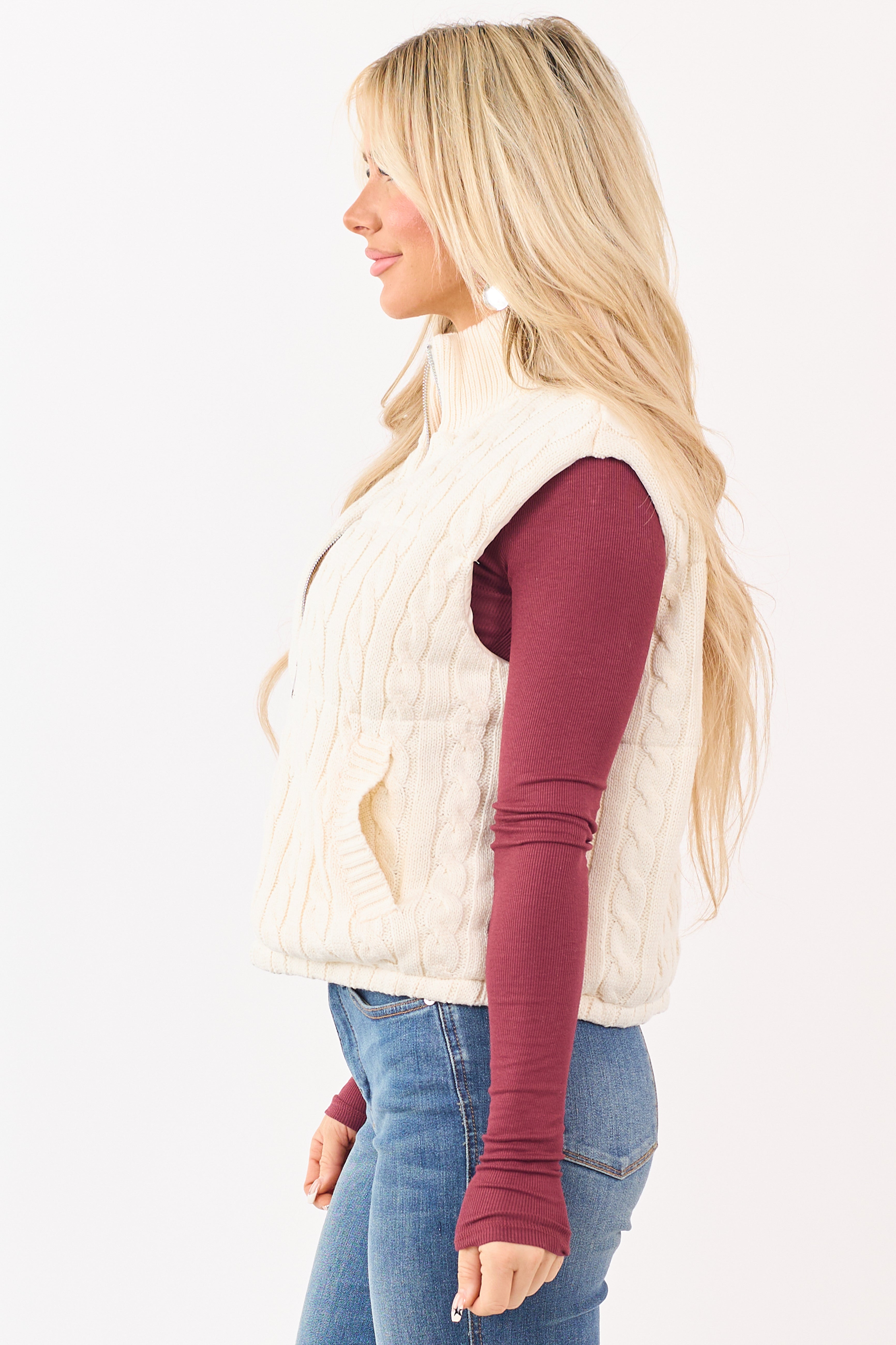 Cream Cable Knit Mock Neck Zip Up Puffer Vest