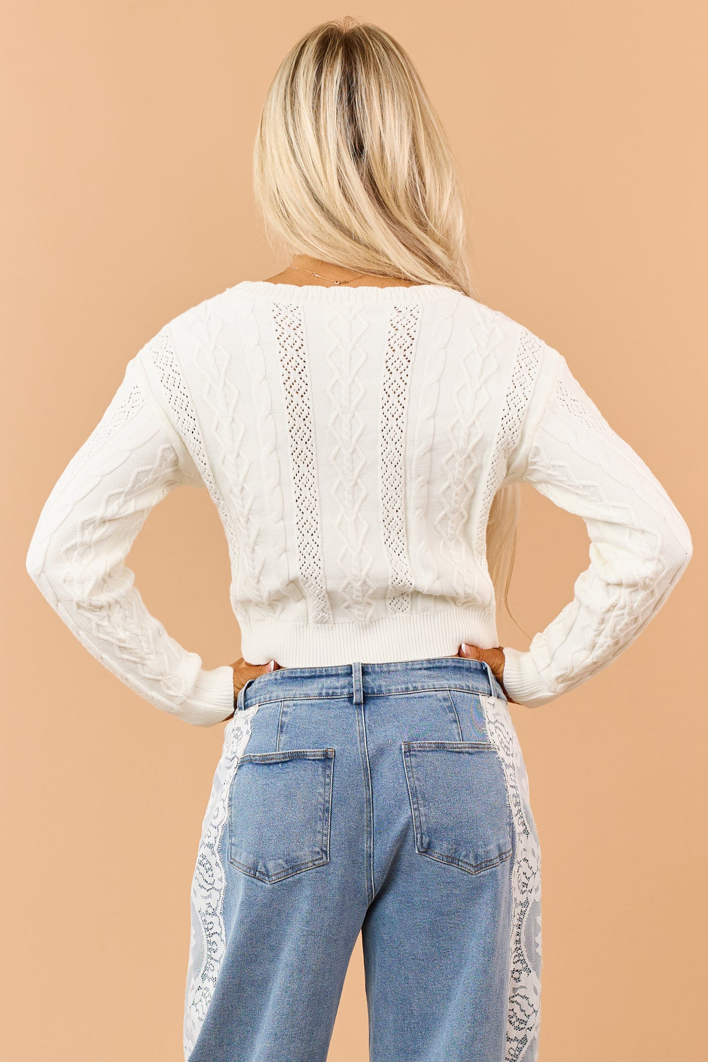 Cream Cable Knit Pointelle Button Down Cardigan