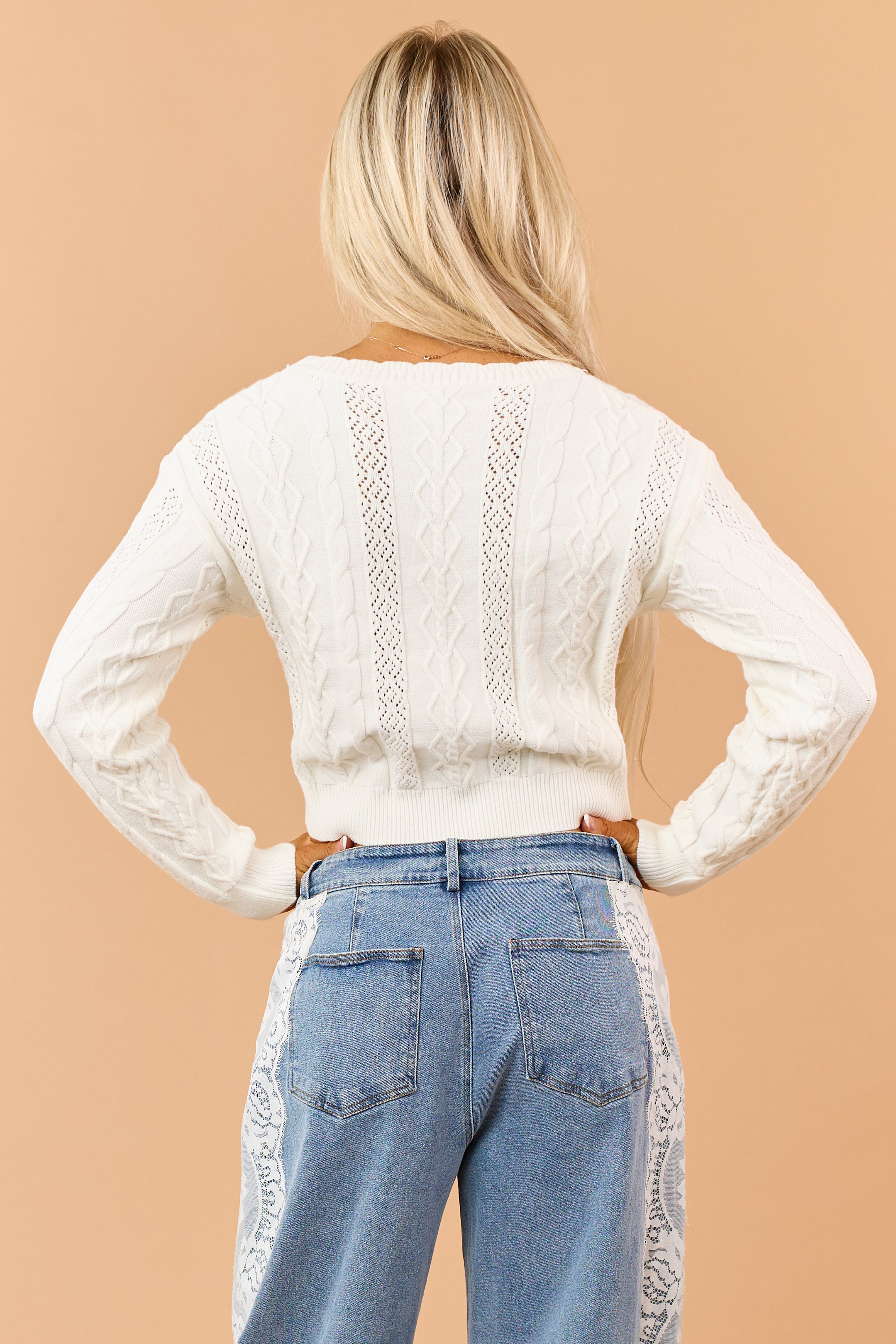Cream Cable Knit Pointelle Button Down Cardigan