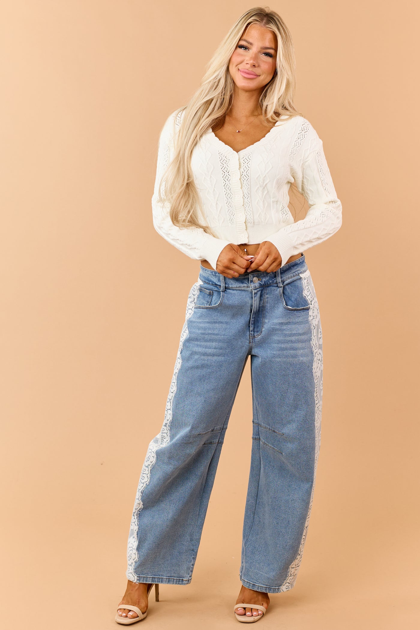 Cream Cable Knit Pointelle Button Down Cardigan