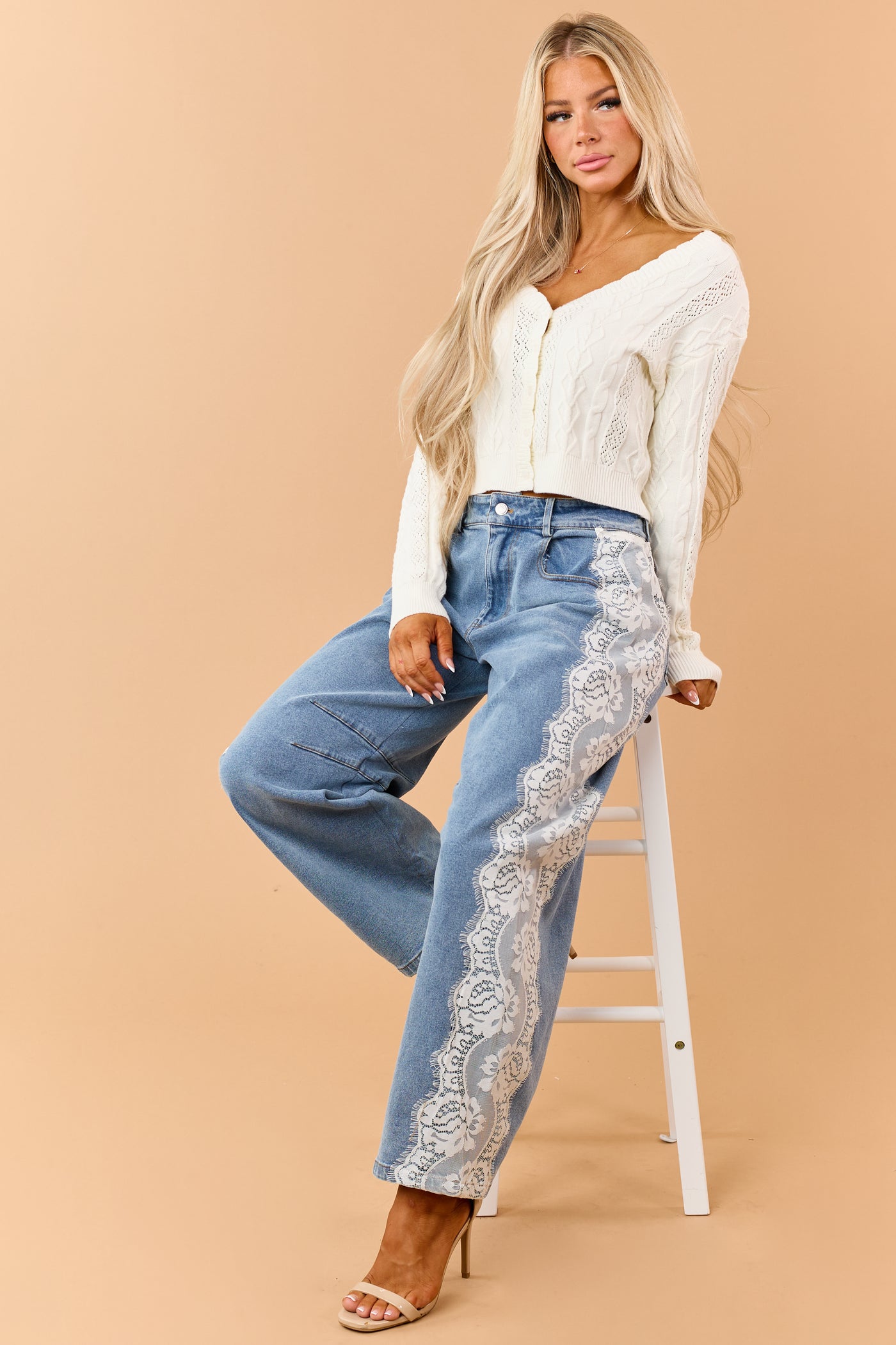 Cream Cable Knit Pointelle Button Down Cardigan