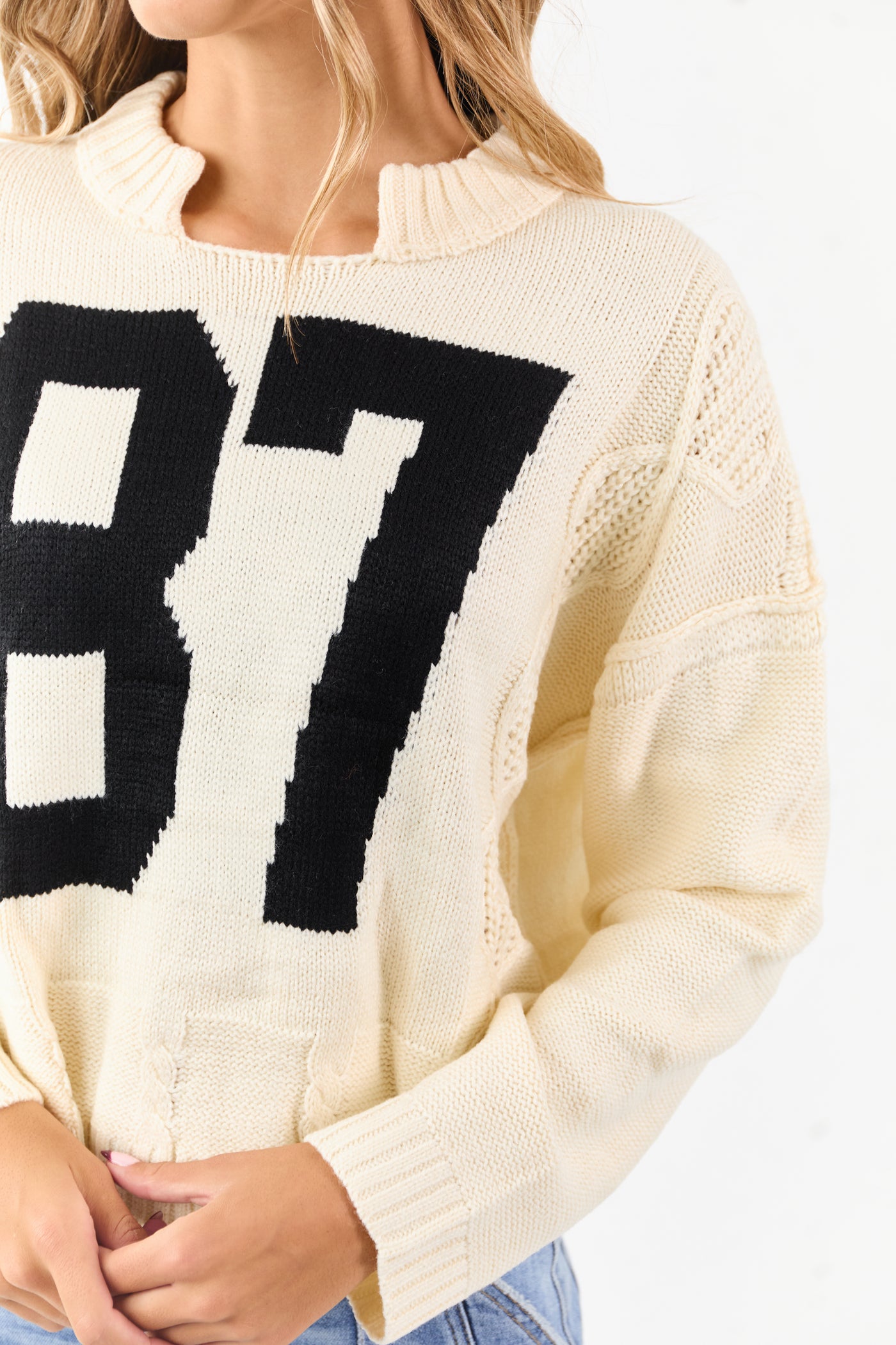 Cream Cable Knit Retro '87' Graphic Sweater
