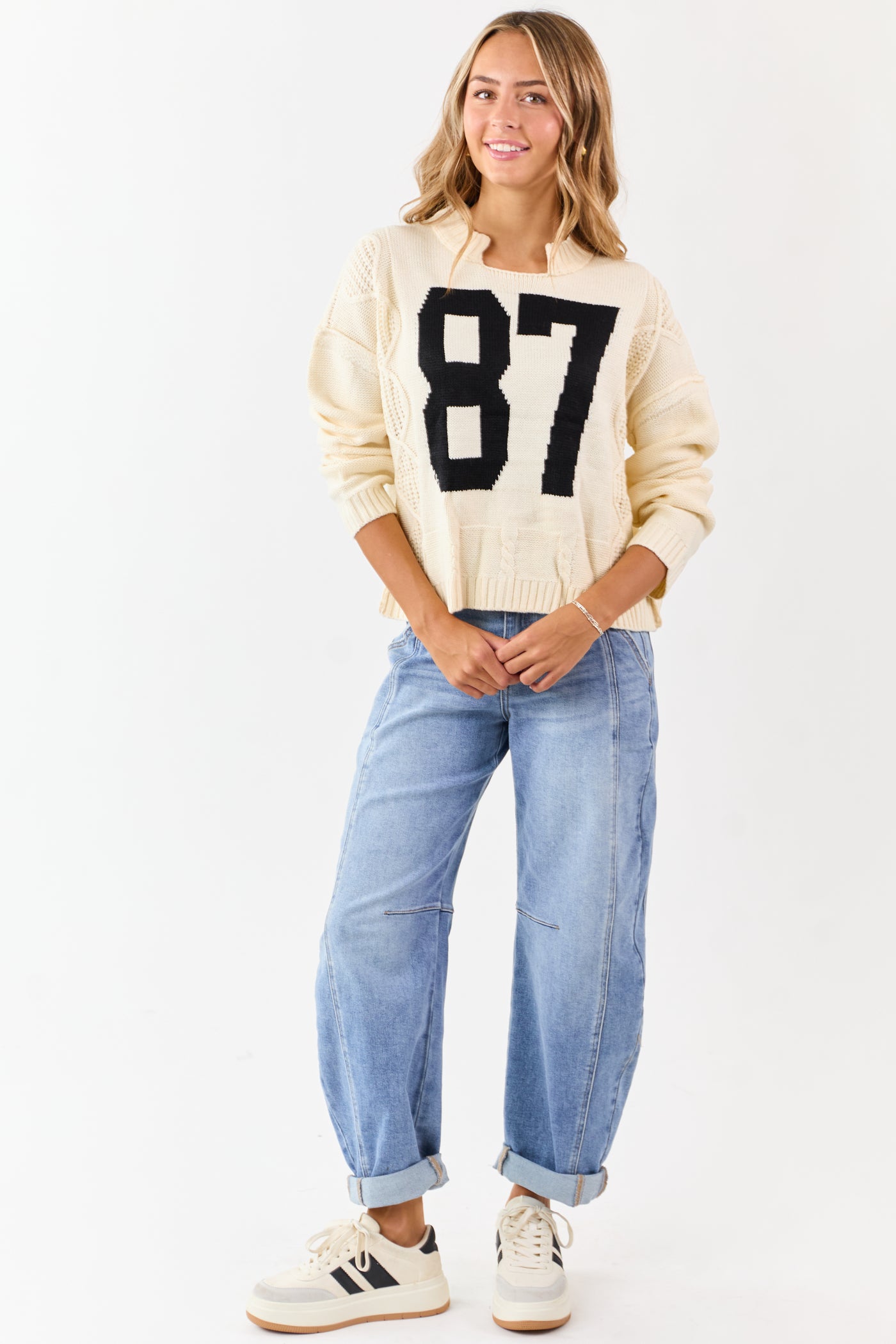Cream Cable Knit Retro '87' Graphic Sweater