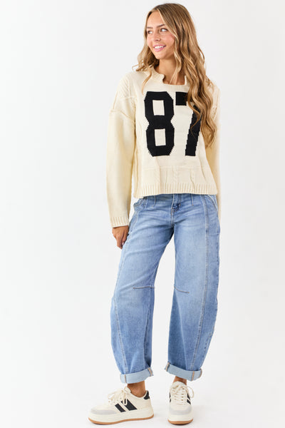 Cream Cable Knit Retro '87' Graphic Sweater