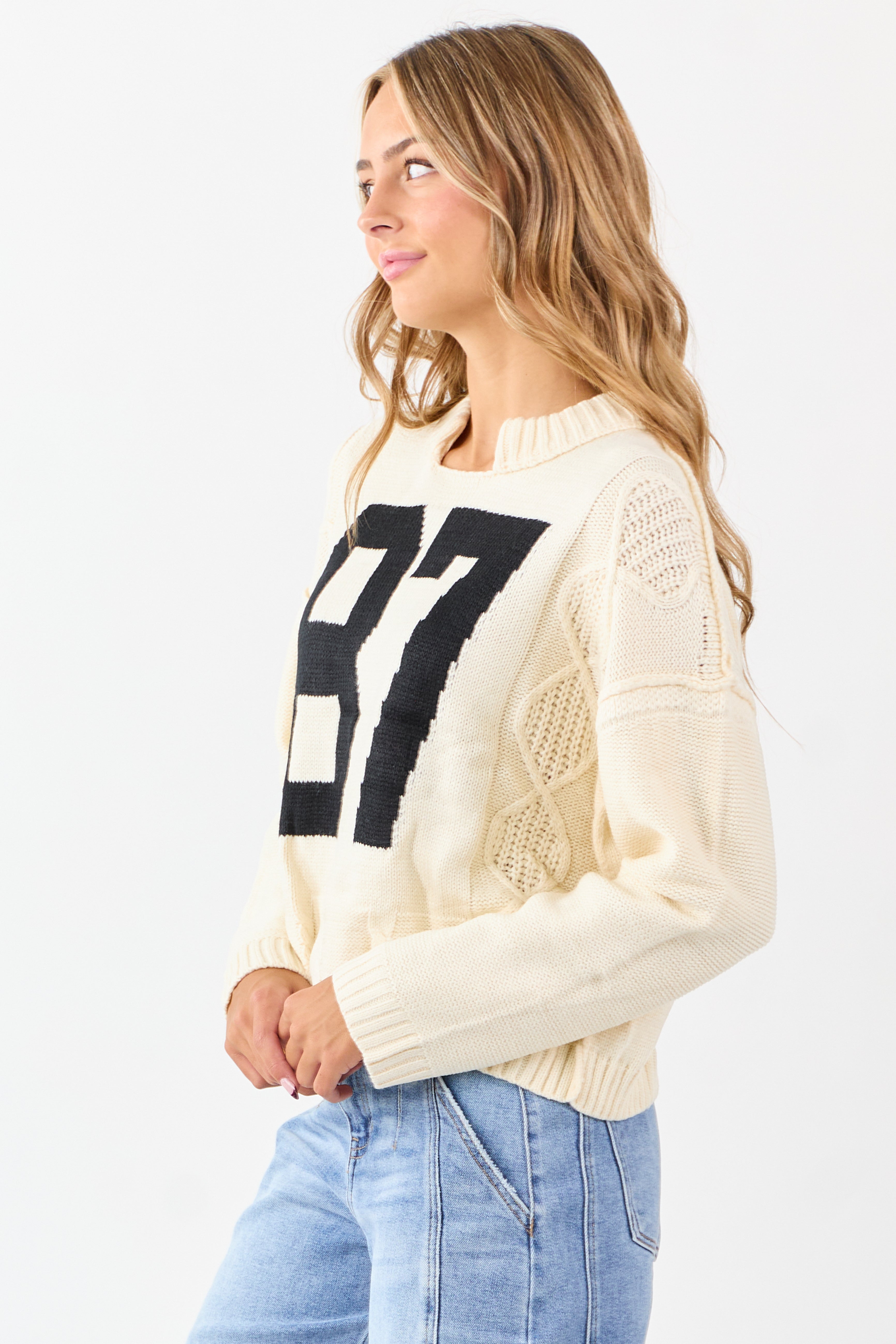 Cream Cable Knit Retro '87' Graphic Sweater