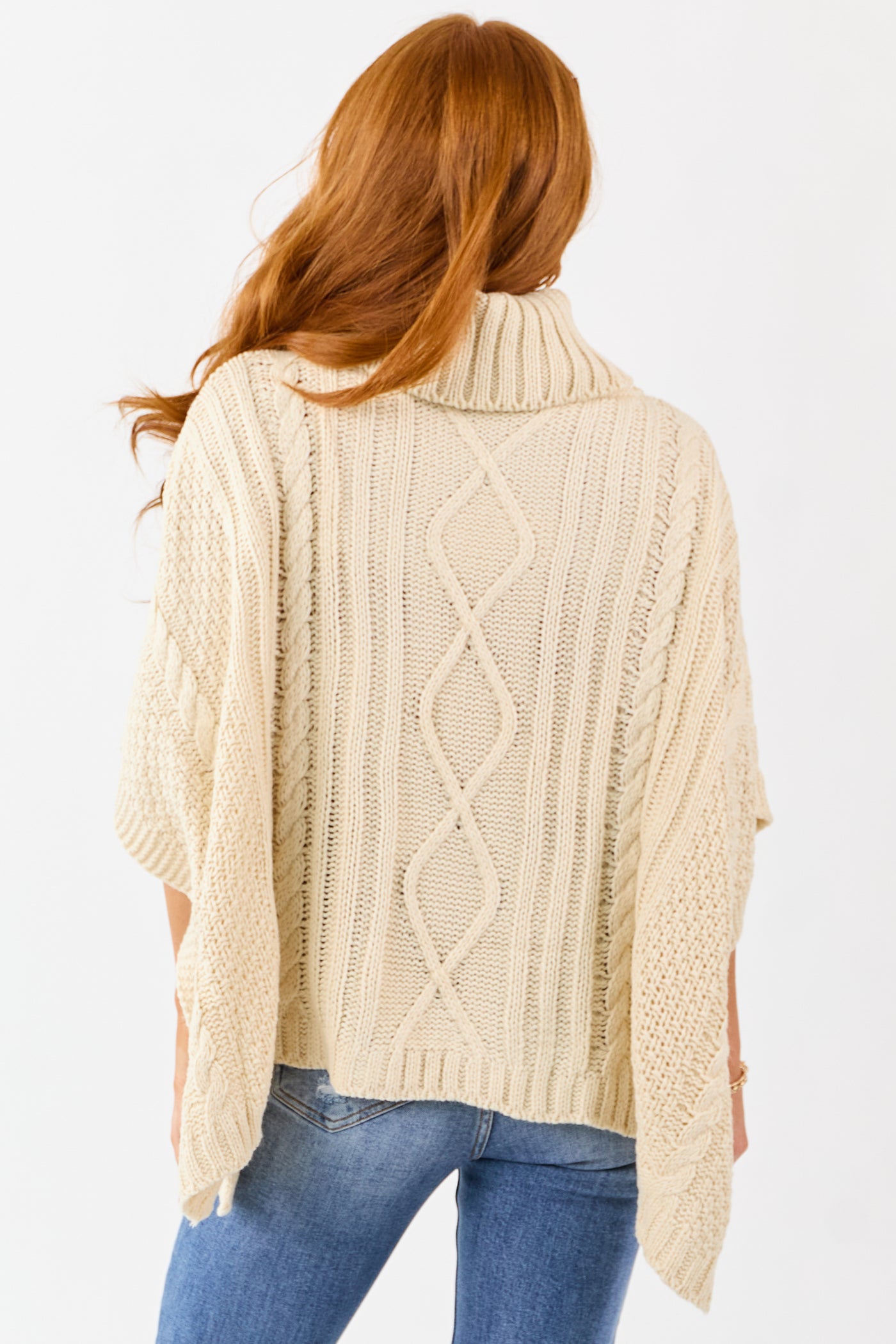 Cream Cable Knit Turtleneck Sweater Poncho