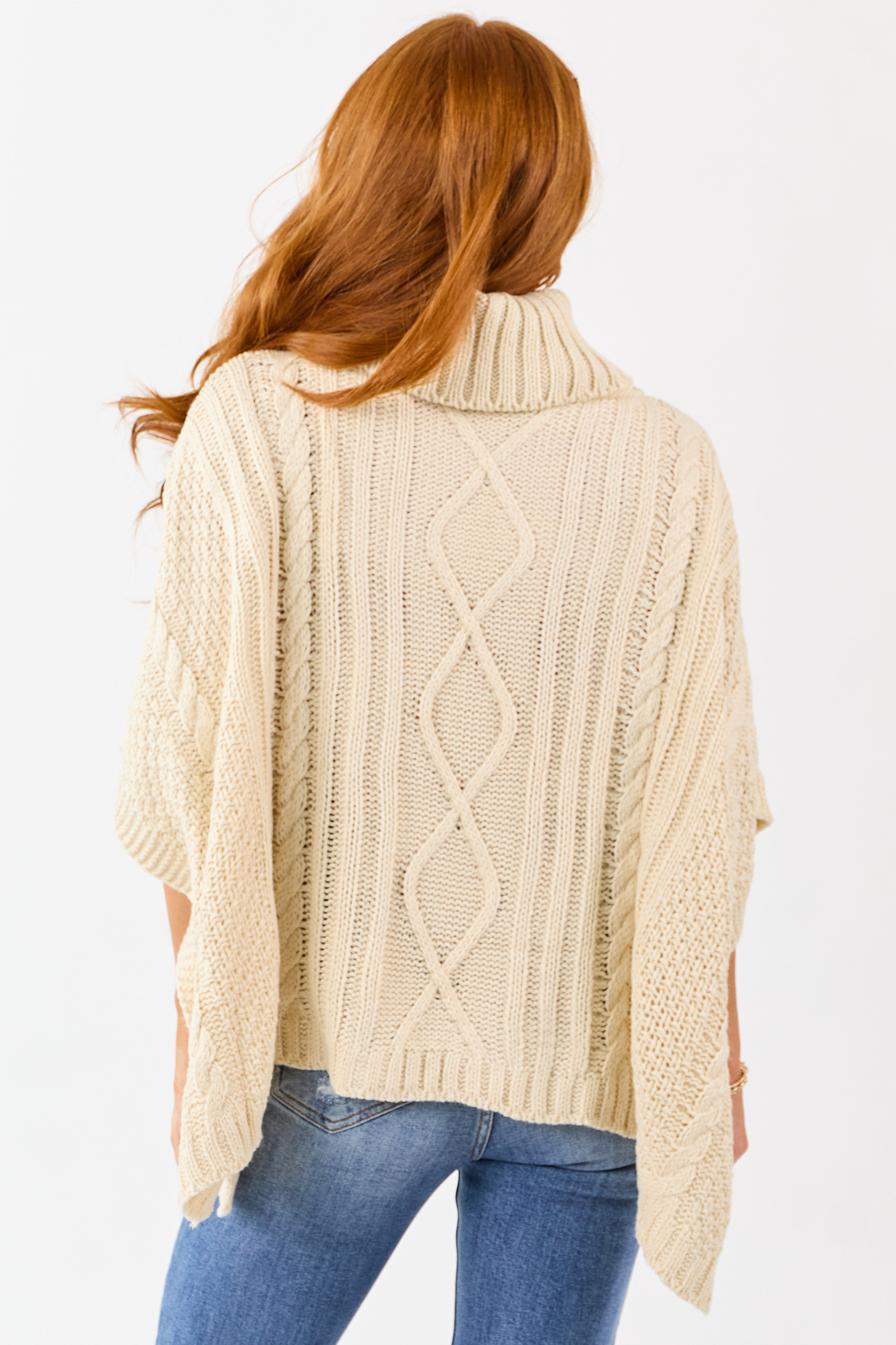 Cream Cable Knit Turtleneck Sweater Poncho