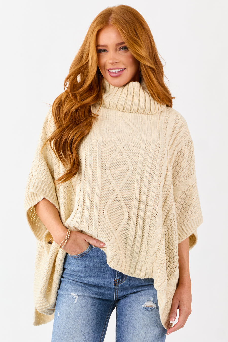 Cream Cable Knit Turtleneck Sweater Poncho