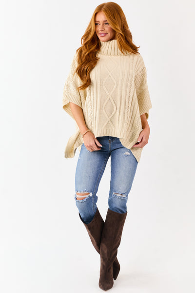 Cream Cable Knit Turtleneck Sweater Poncho