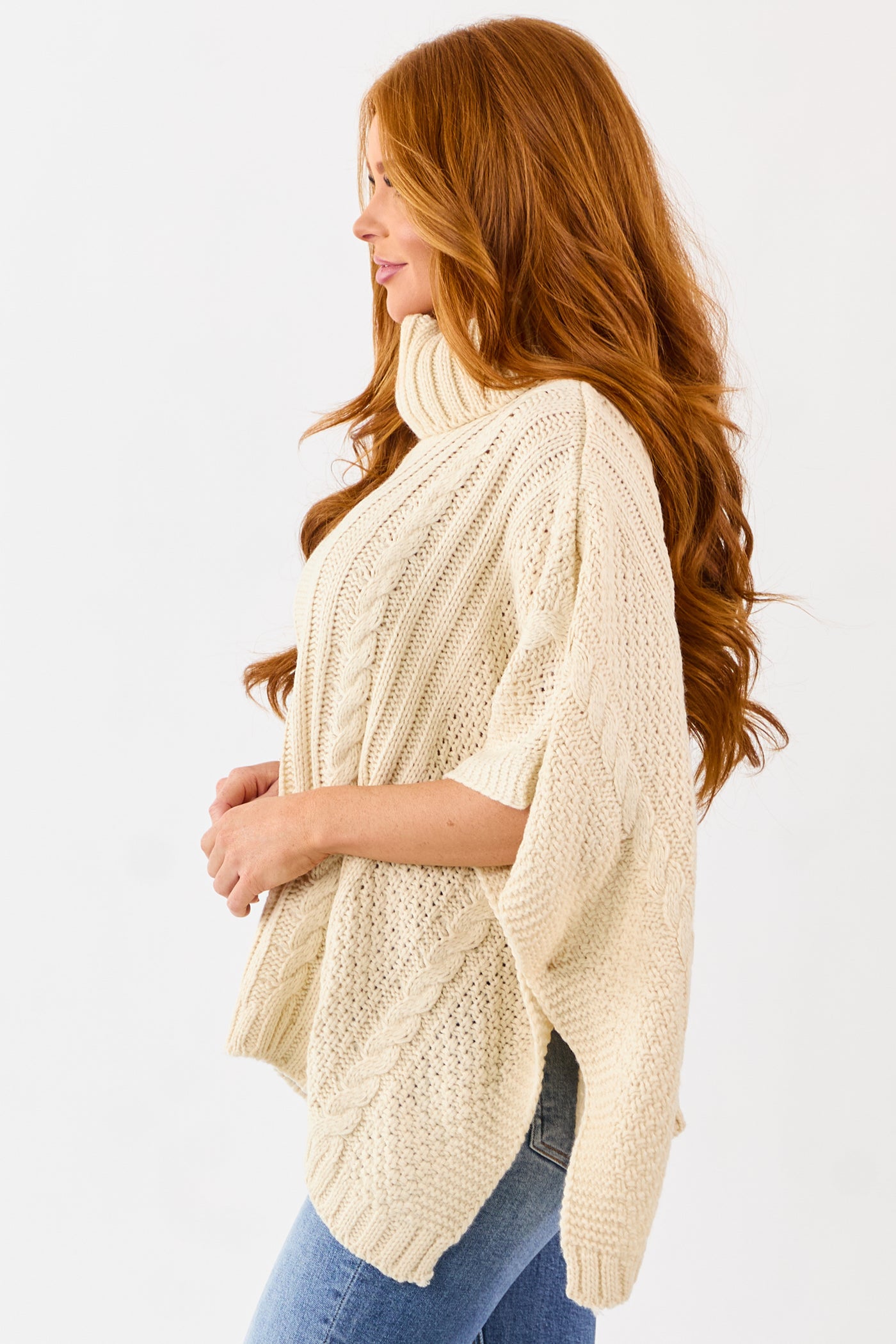 Cream Cable Knit Turtleneck Sweater Poncho