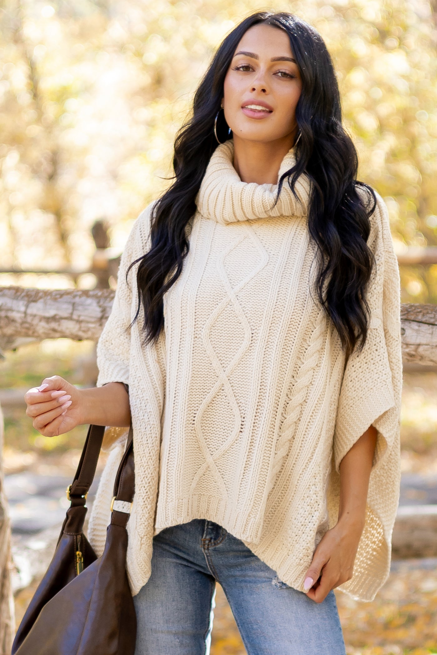 Cream Cable Knit Turtleneck Sweater Poncho