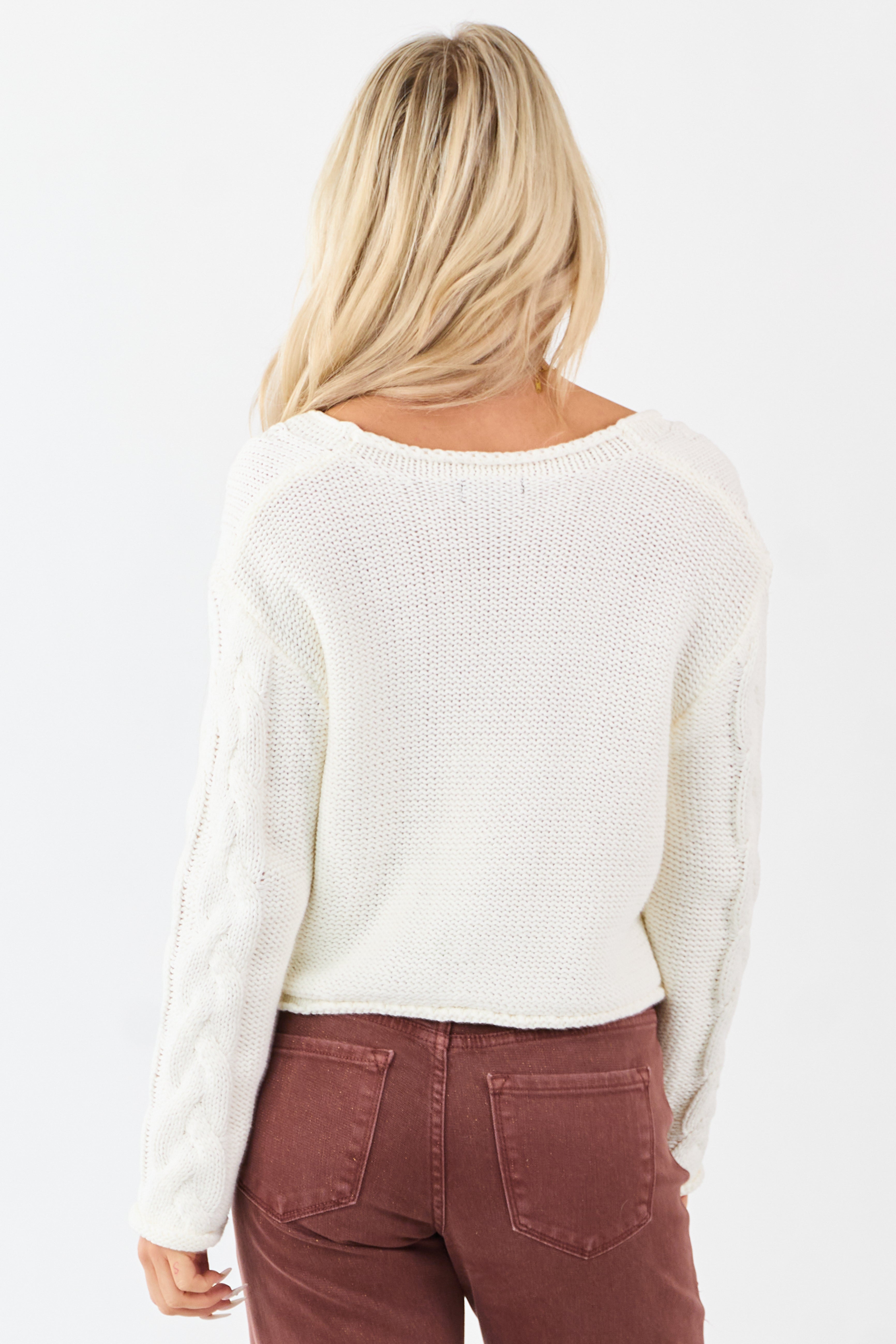 Cream Cable Knit V-Neck Long Sleeve Sweater