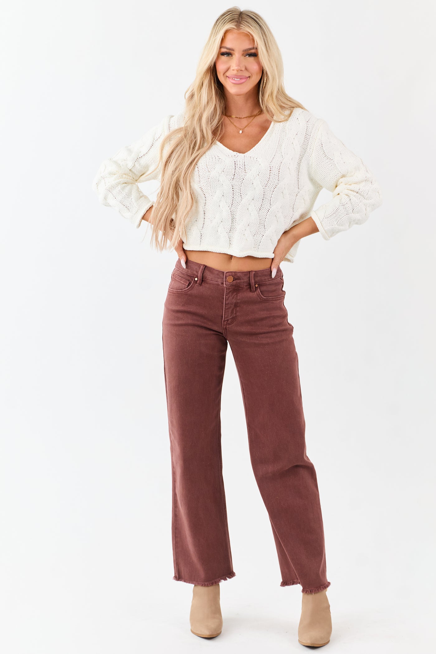 Cream Cable Knit V-Neck Long Sleeve Sweater