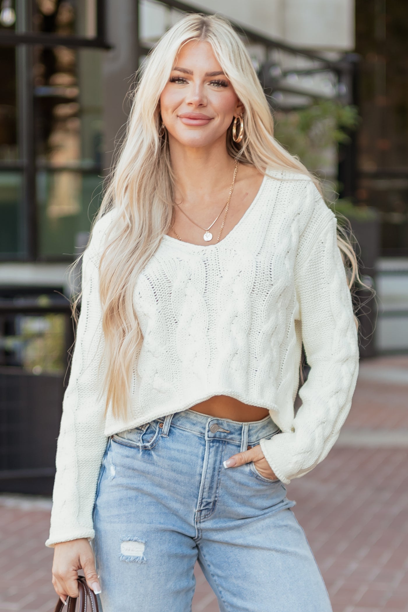 Cream Cable Knit V-Neck Long Sleeve Sweater