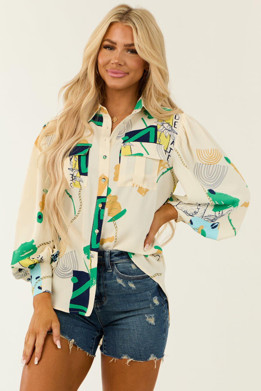 Cream Chain Abstract Print Button Up Tunic