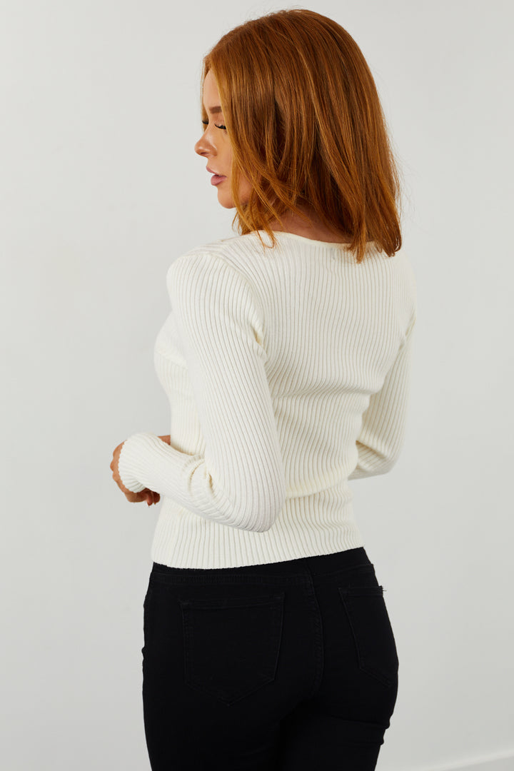 Cream Chest Cut Out Fitted Ribbed Sweater Top