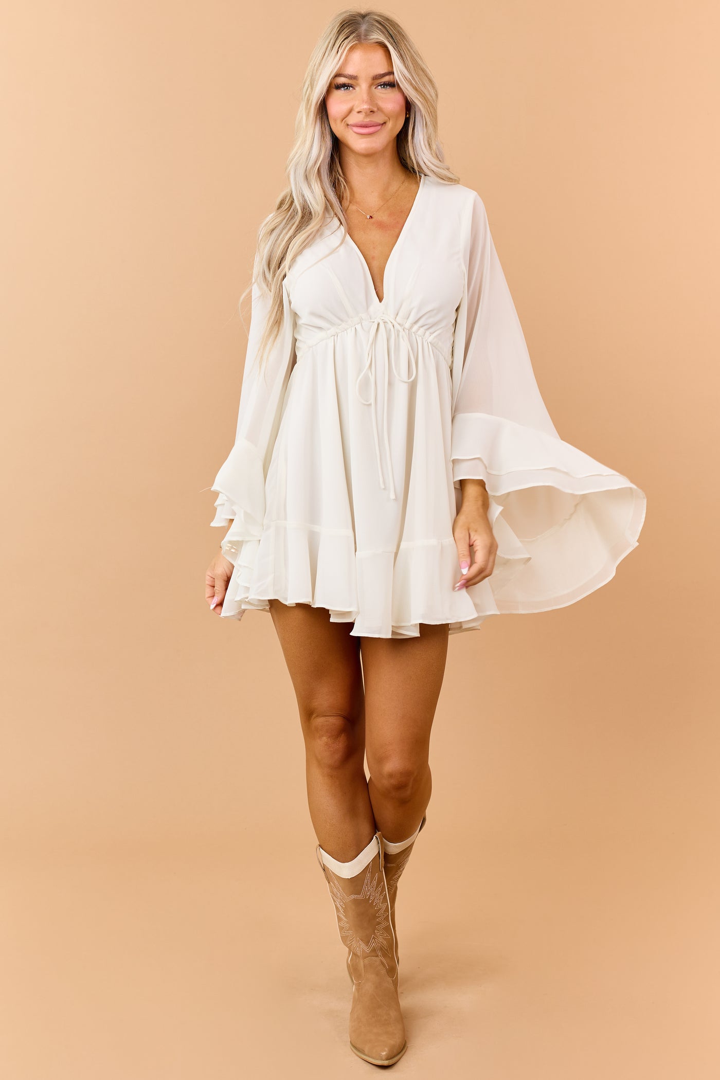 Cream Chiffon Empire Waist Flowy Mini Dress