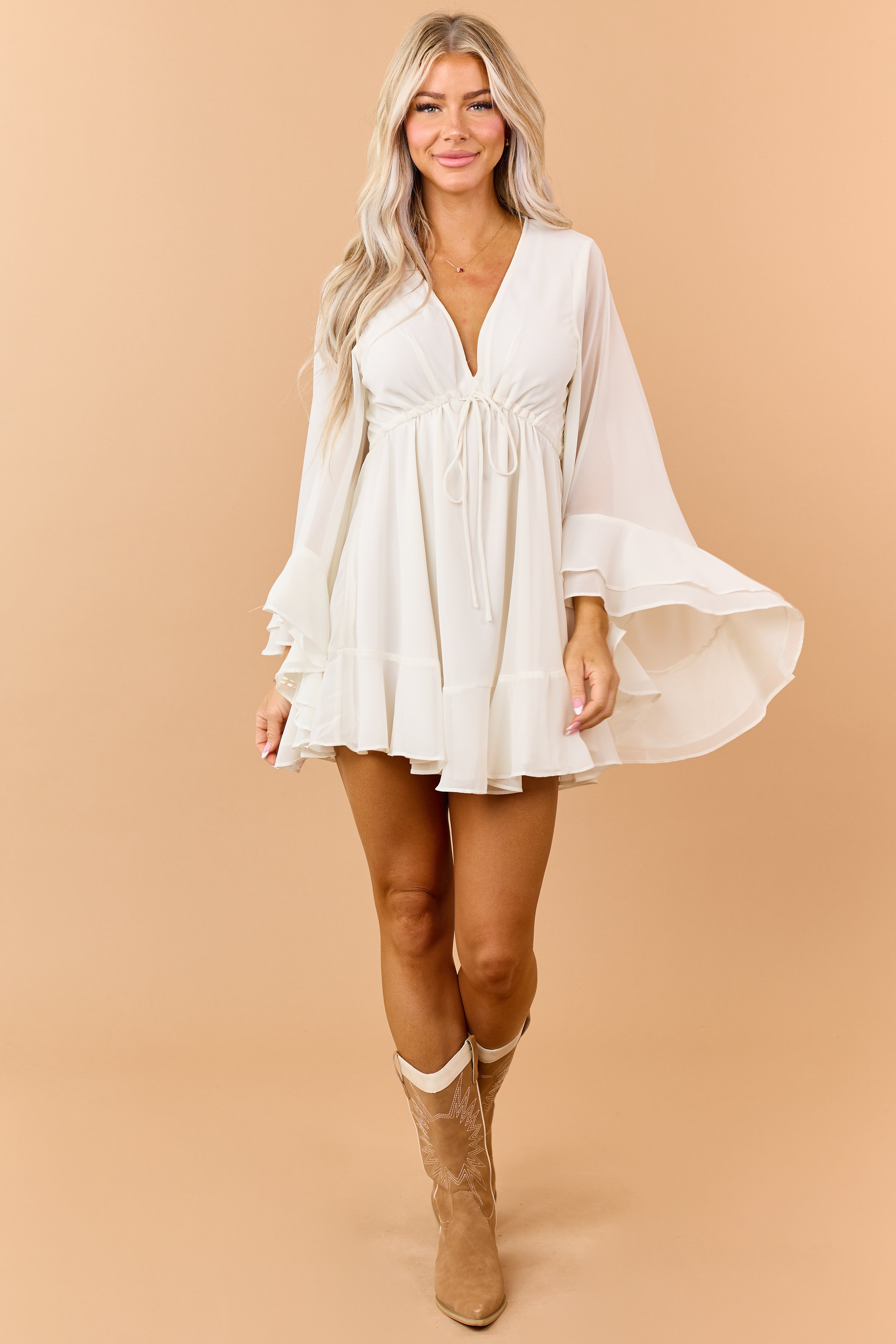 Cream Chiffon Empire Waist Flowy Mini Dress