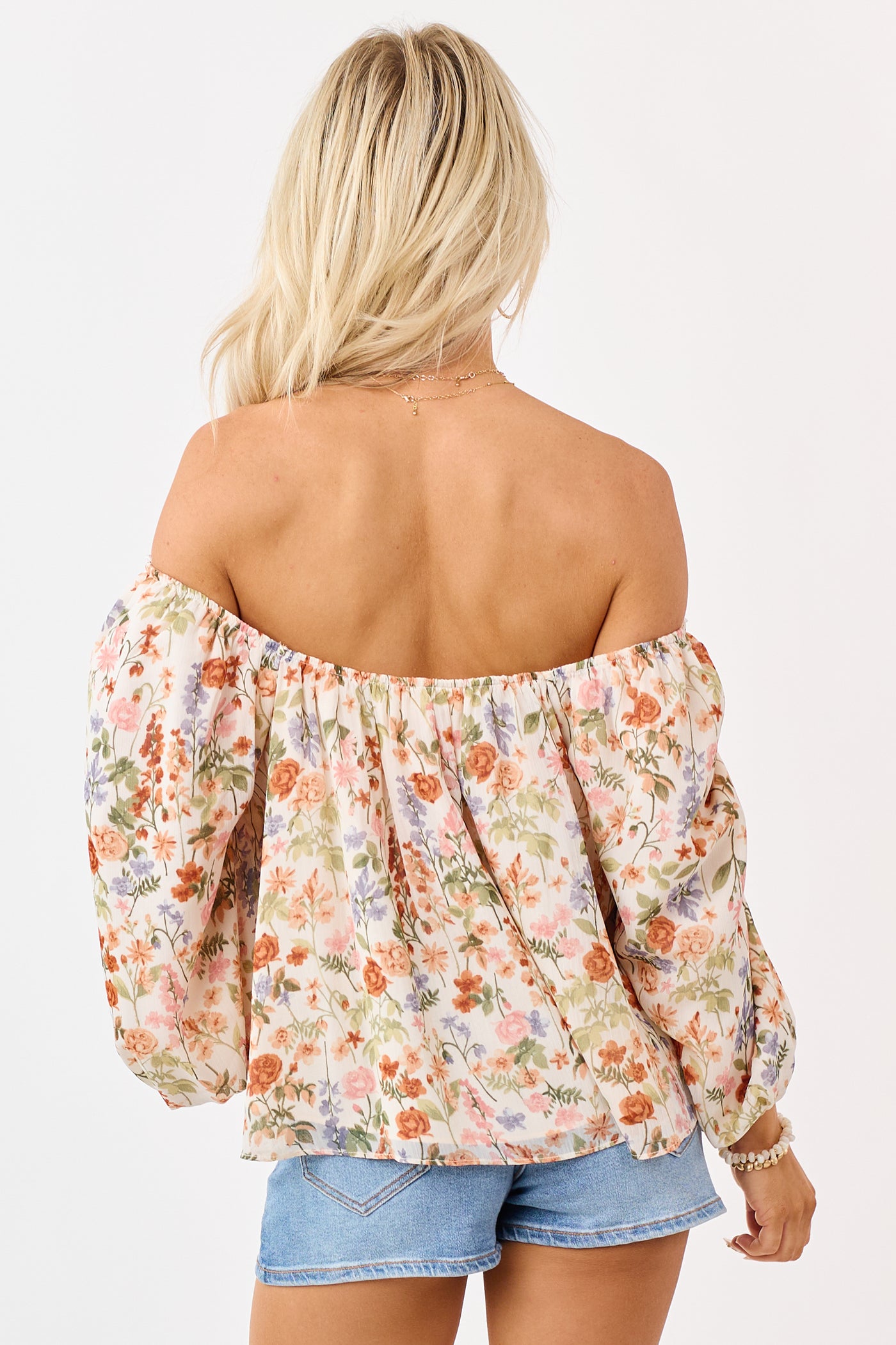 Cream Chiffon Floral Print 3/4 Puff Sleeve Top