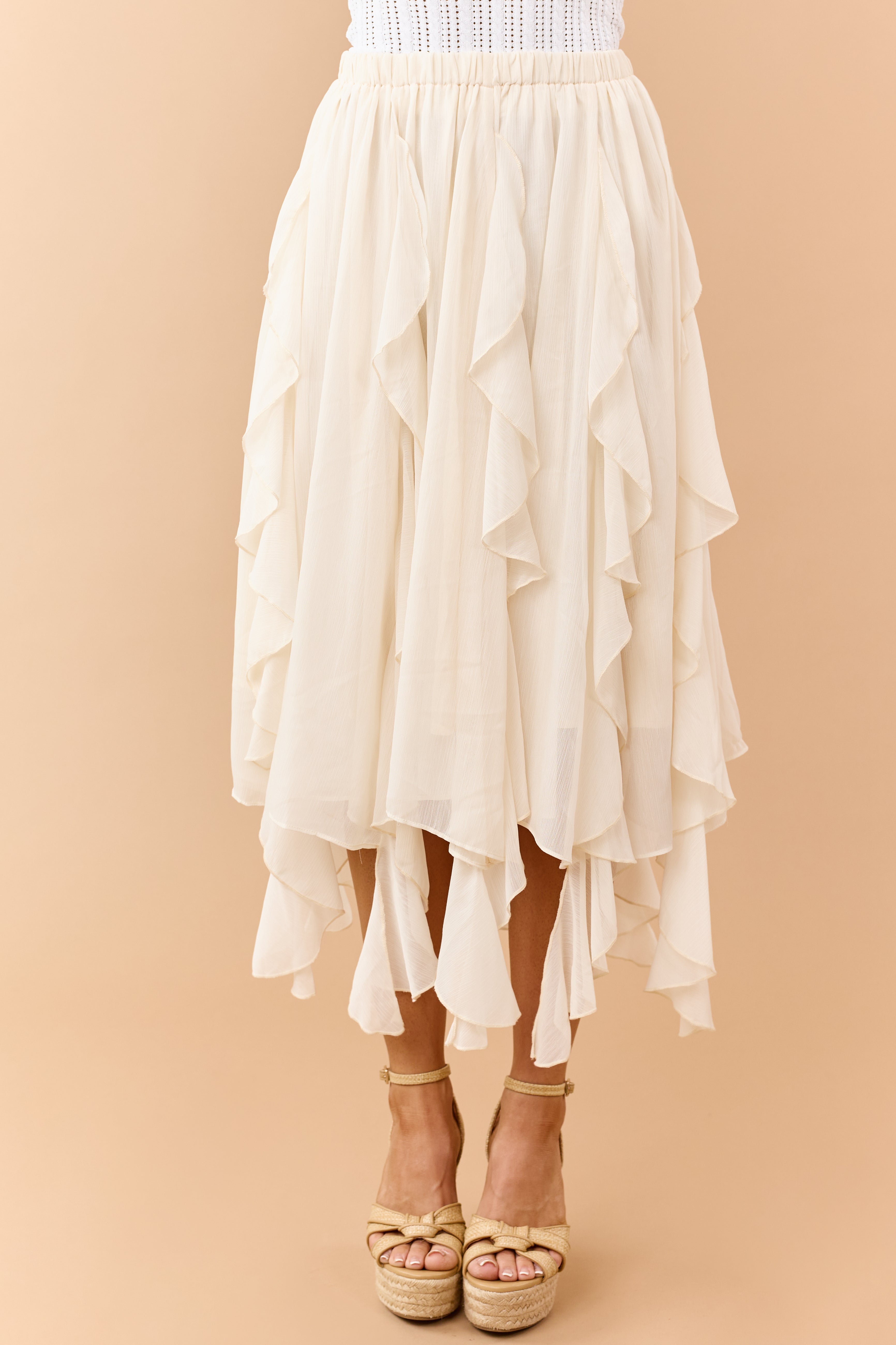 Cream Chiffon Ruffle Handkerchief Hem Midi Skirt | Lime Lush Boutique