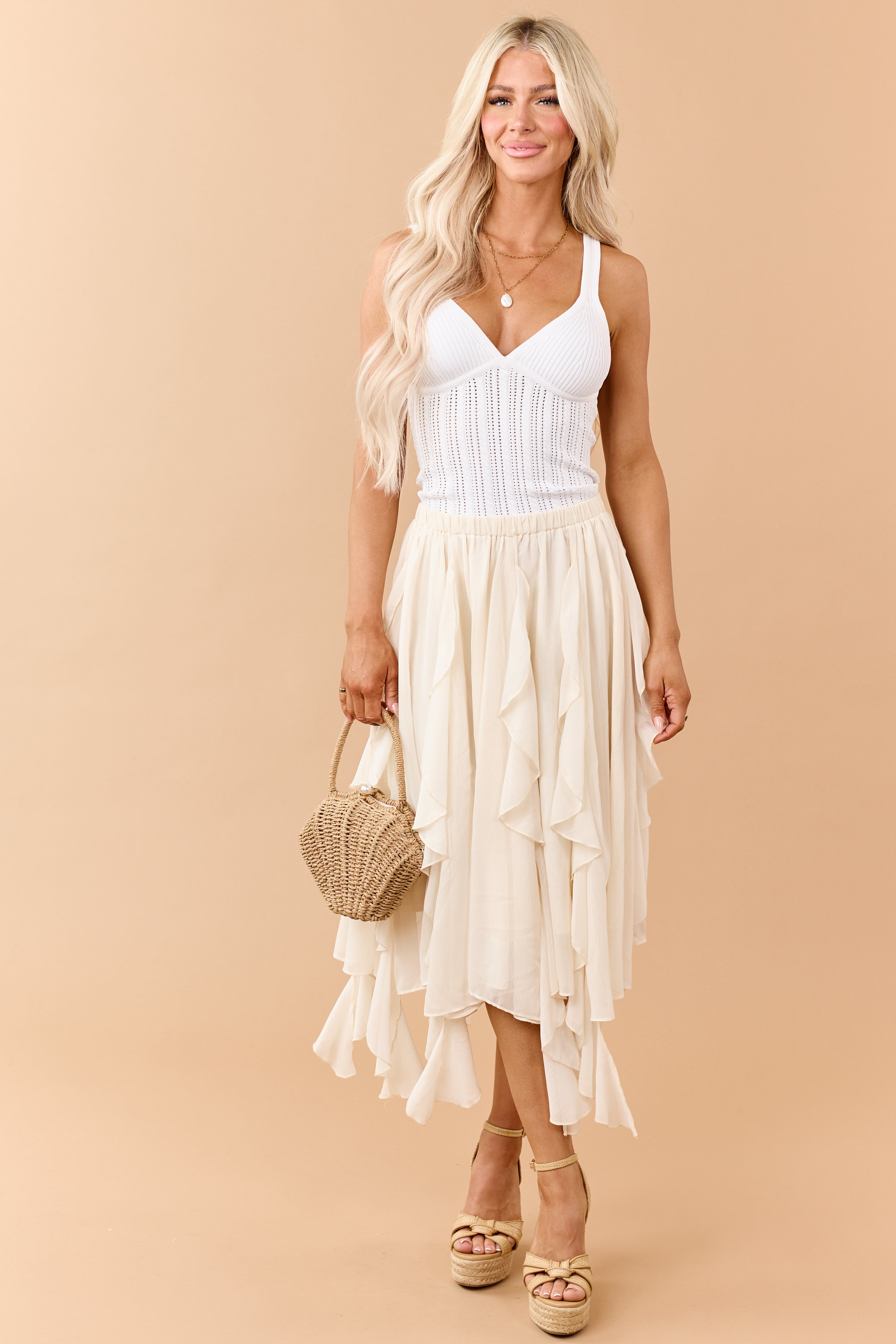 Cream Chiffon Ruffle Handkerchief Hem Midi Skirt
