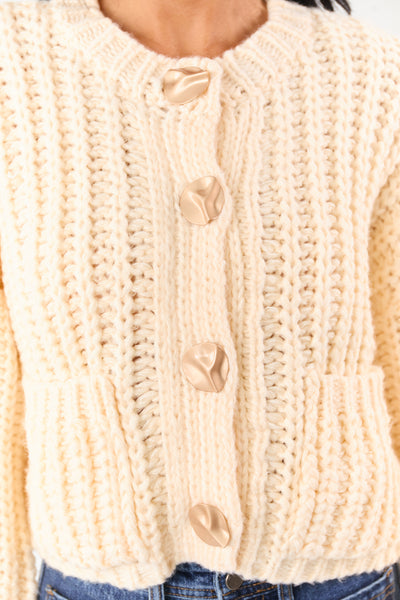 Cream Chunky Rib Knit Button Down Sweater Cardigan