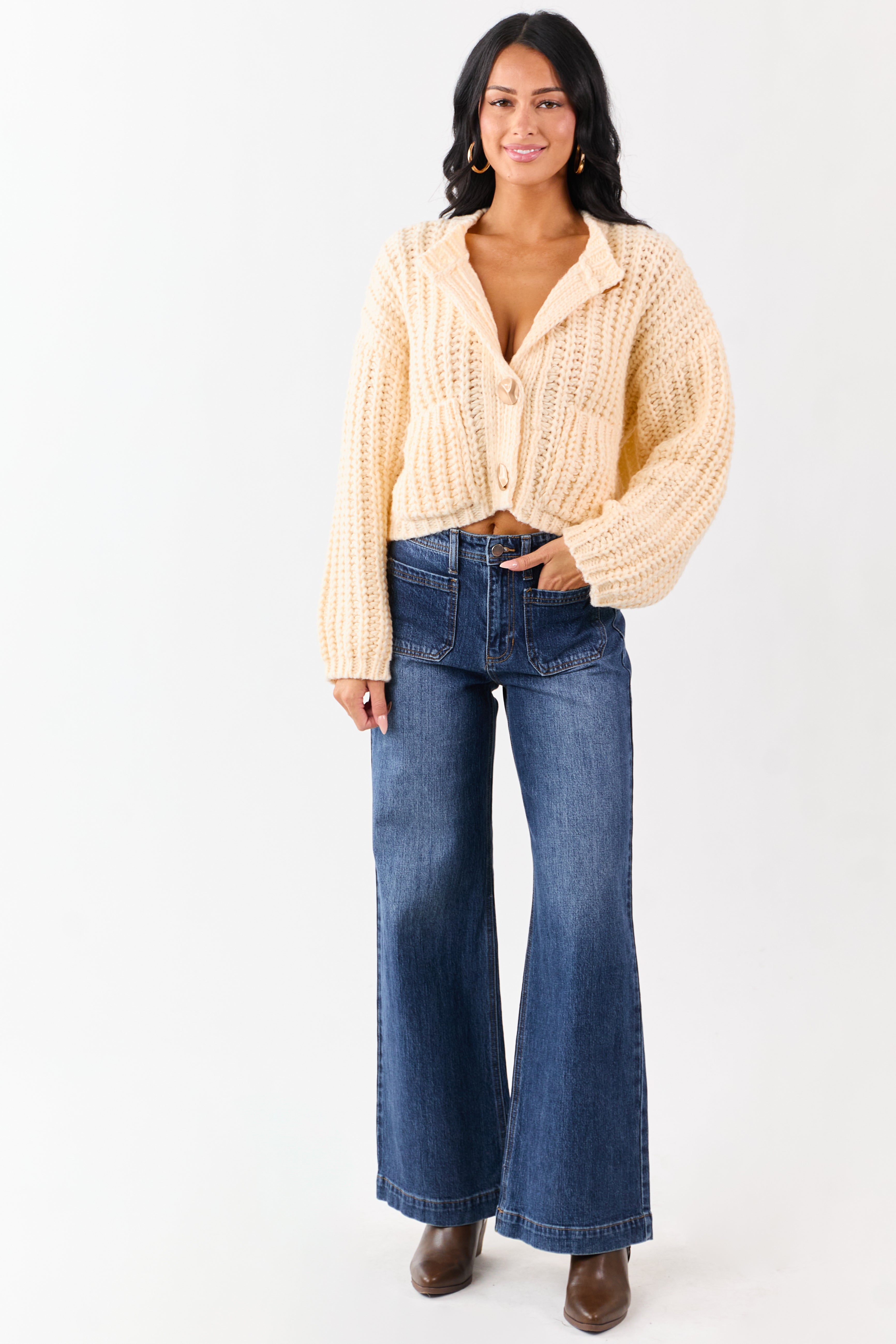 Cream Chunky Rib Knit Button Down Sweater Cardigan