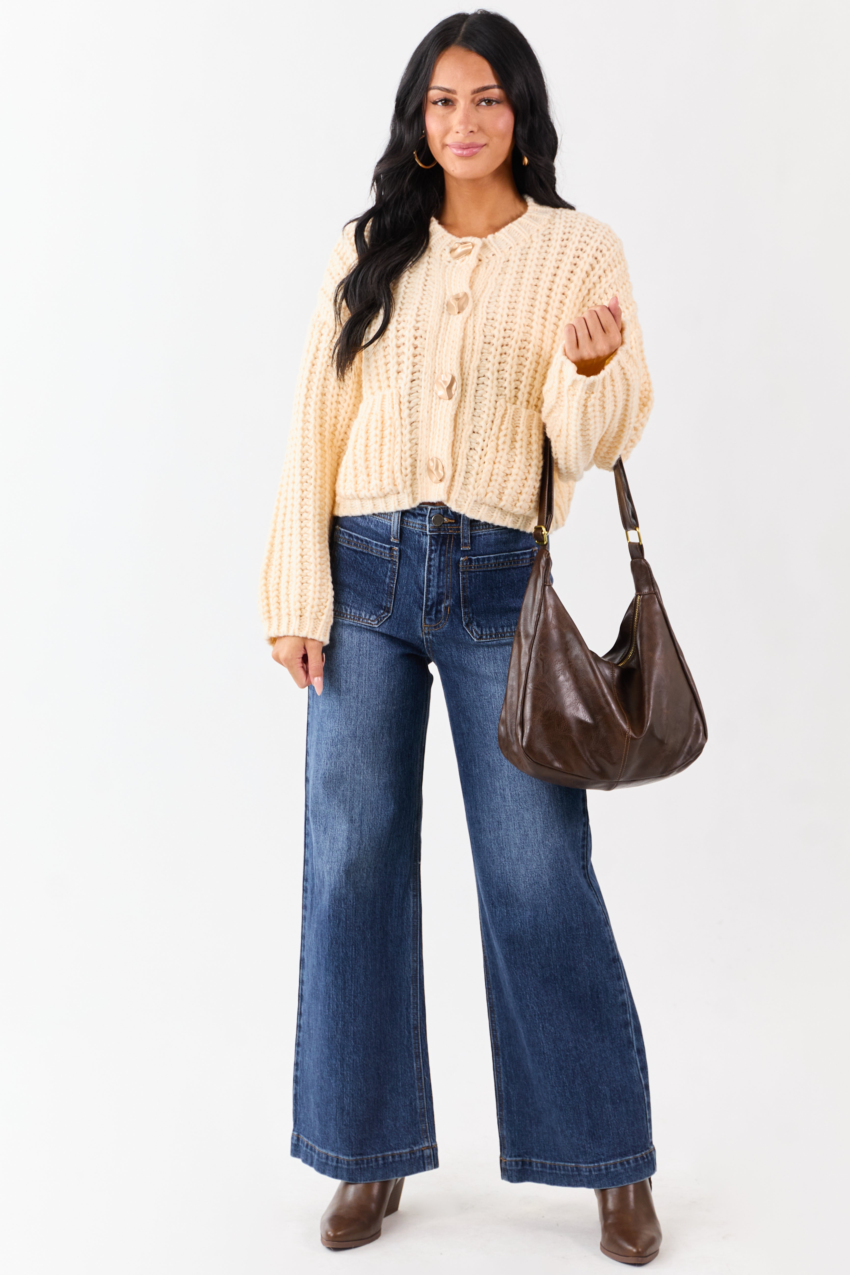 Cream Chunky Rib Knit Button Down Sweater Cardigan