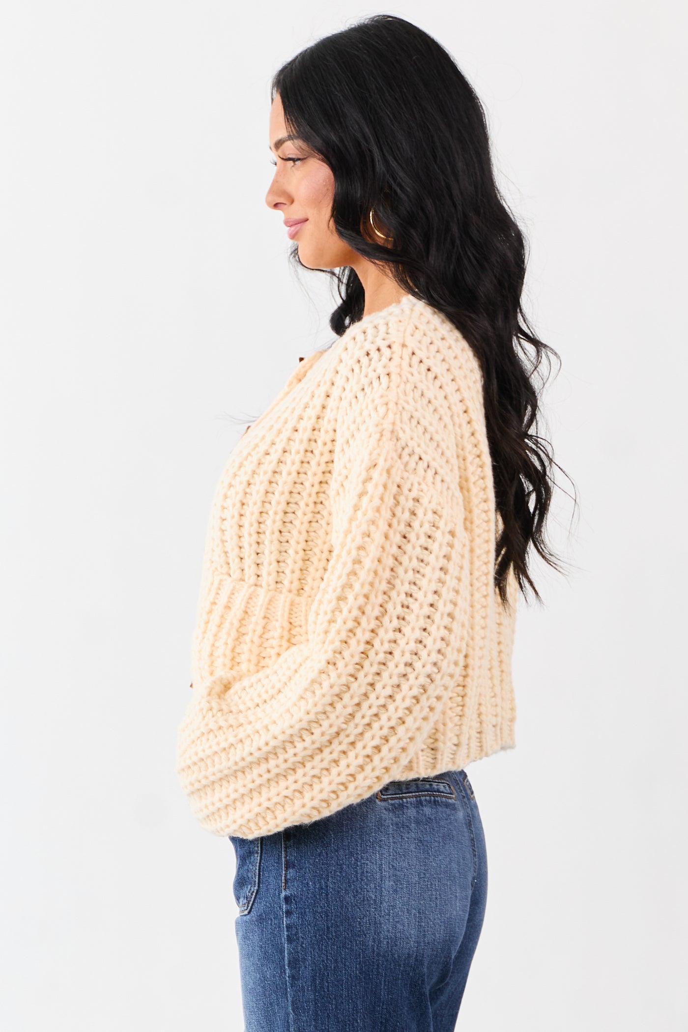 Cream Chunky Rib Knit Button Down Sweater Cardigan