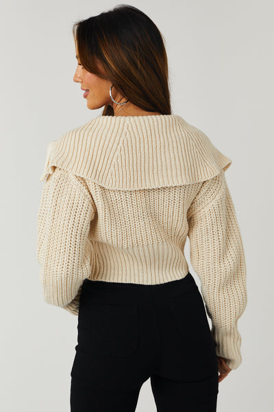 Cream Collared Two Way Zip Up Knit Cardigan