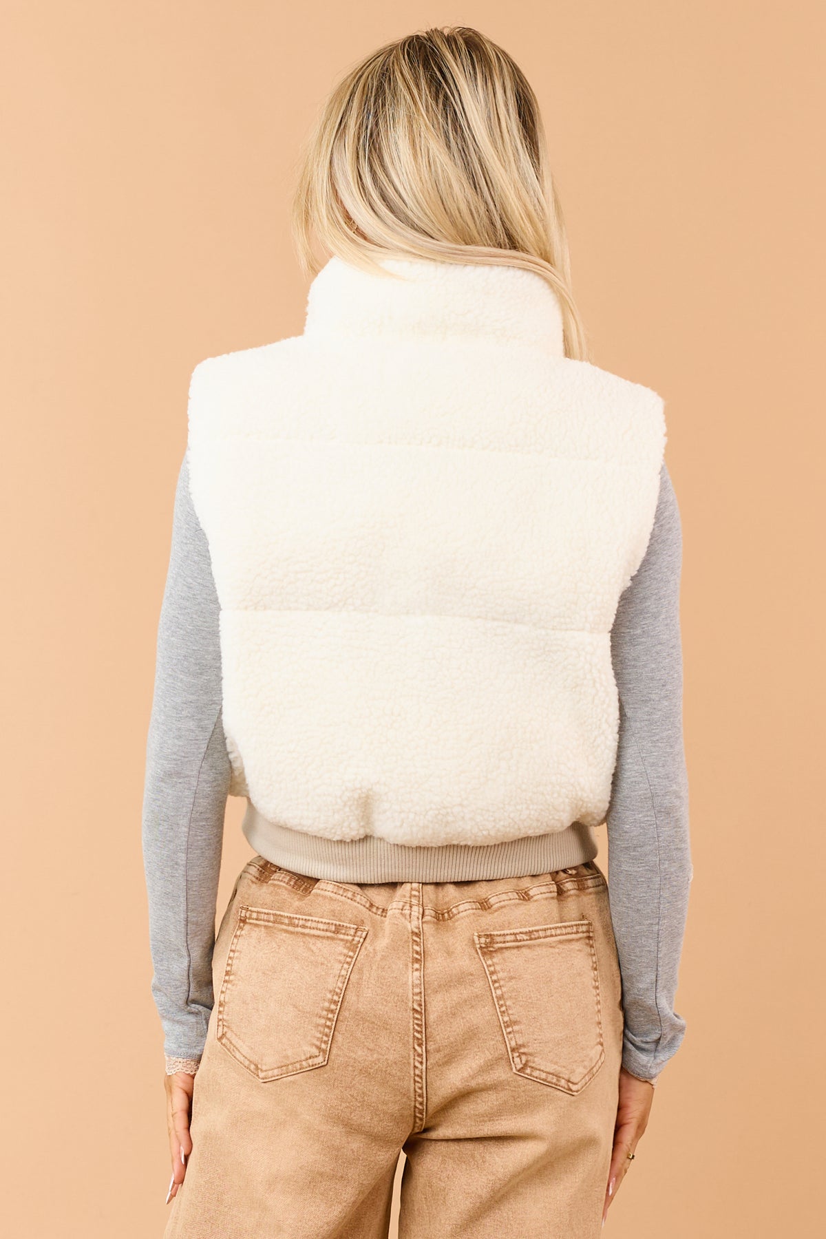 Cream Collared Zip Up Puff Sherpa Teddy Vest
