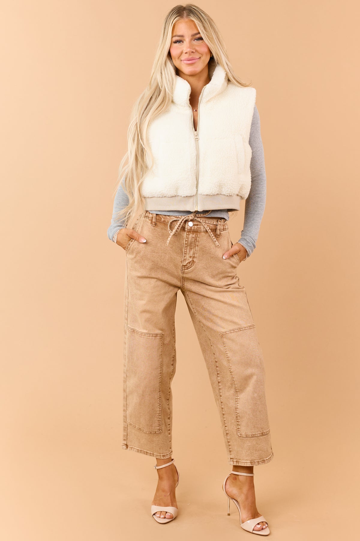 Cream Collared Zip Up Puff Sherpa Teddy Vest