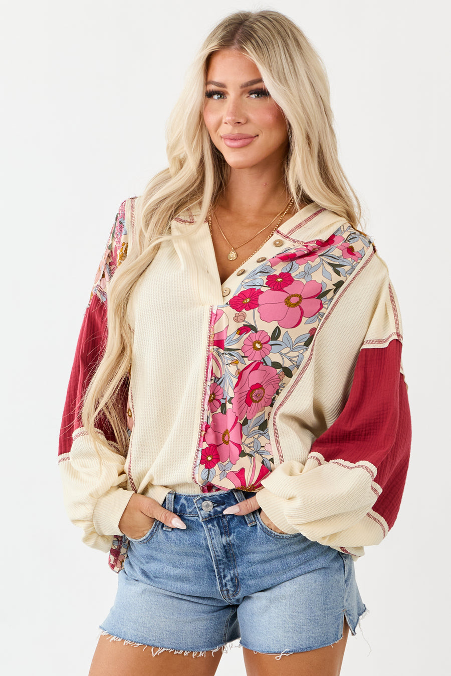 Cream Colorblock Floral Print Hooded Long Sleeve Top