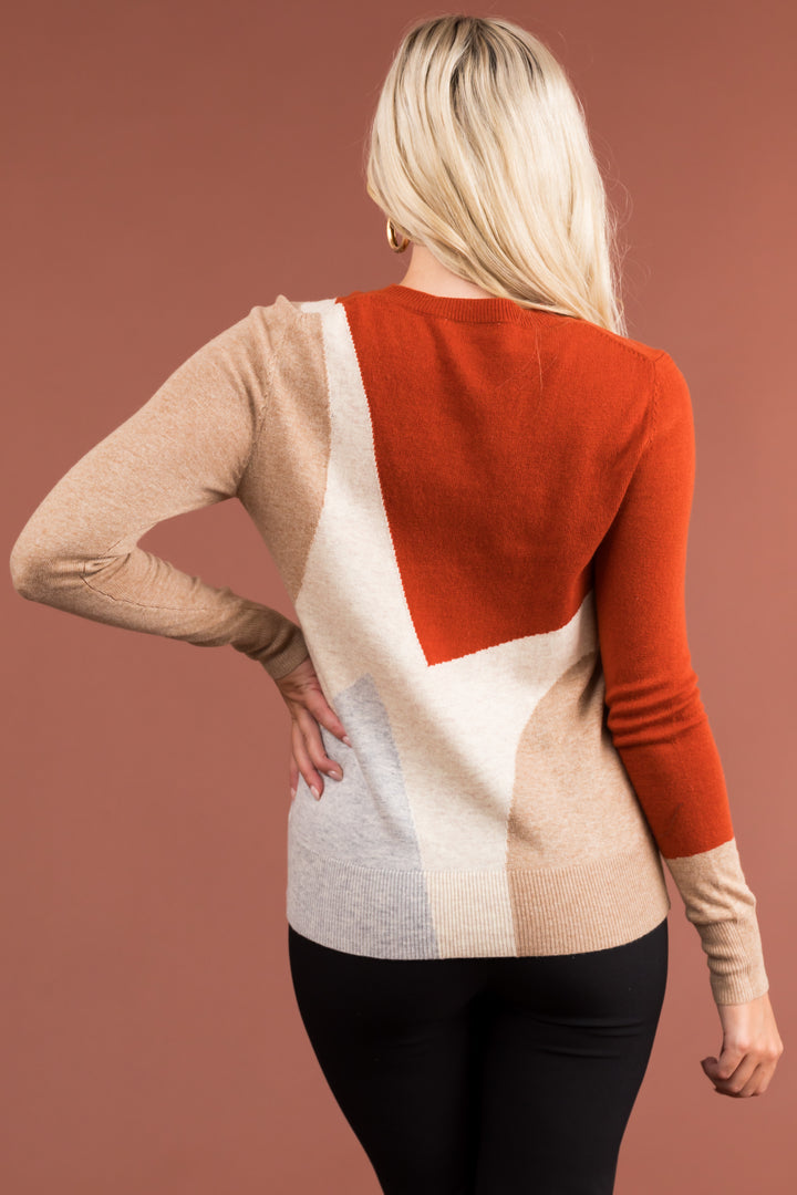 Cream Colorblock Long Sleeve Knit Sweater