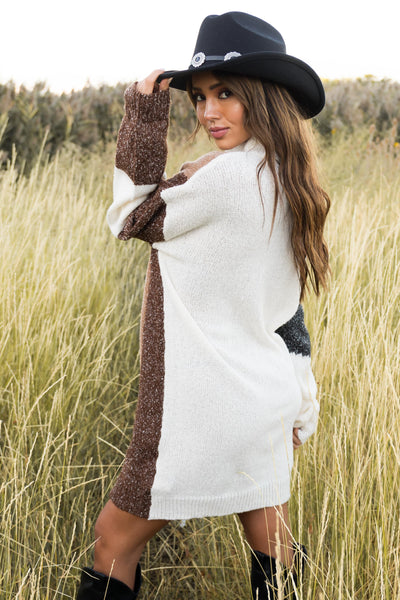 Cream Colorblock Long Sleeve Sweater Dress
