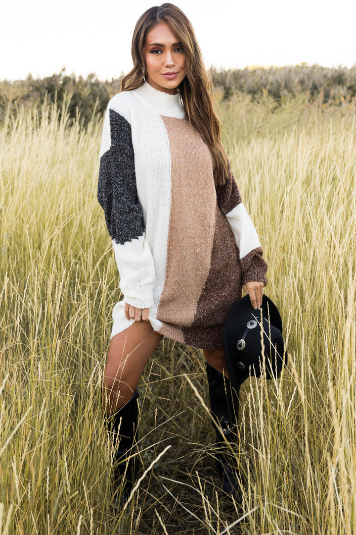 Cream Colorblock Long Sleeve Sweater Dress