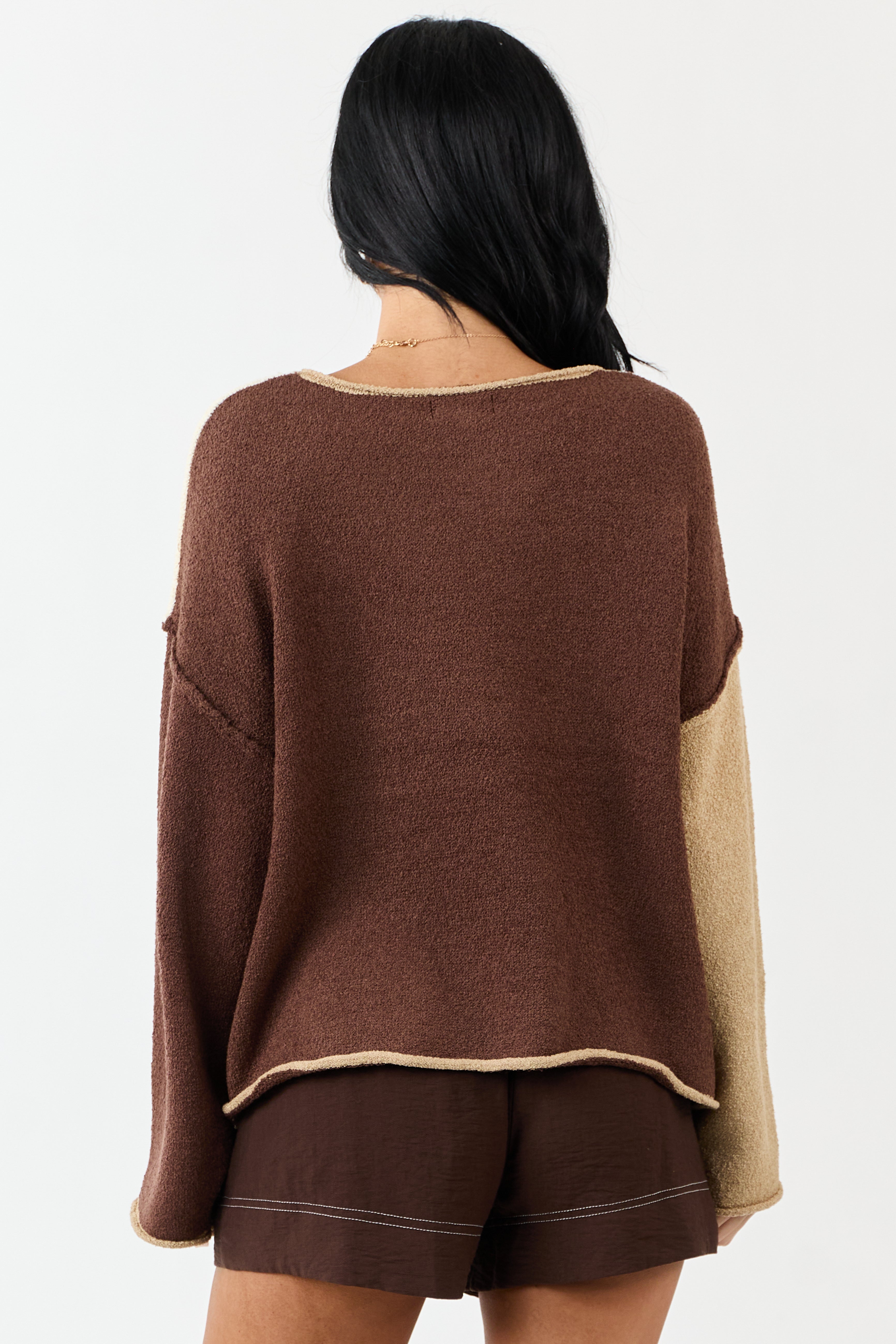 Cream Colorblock Rolled Seam Textured Sweater