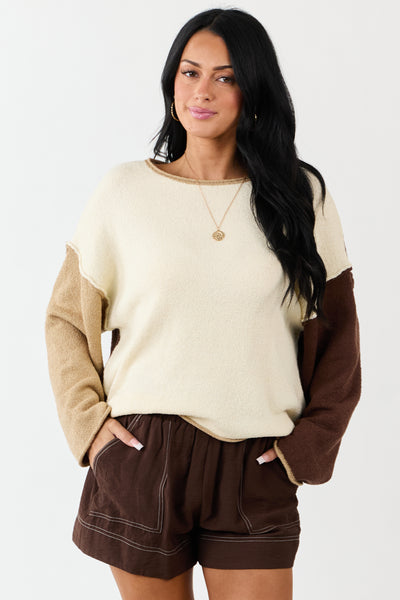 Cream Colorblock Rolled Seam Textured Sweater